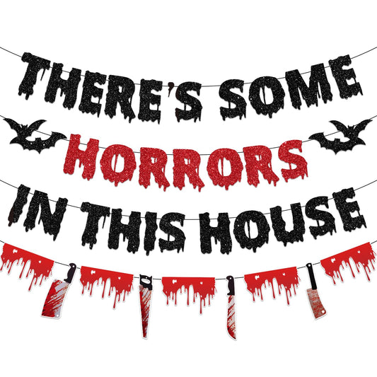 “There’s Some Horrors in This House” Halloween Banner Set – Red & Black Glitter Party Decorations