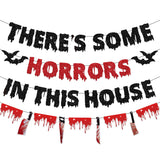 “There’s Some Horrors in This House” Halloween Banner Set – Red & Black Glitter Party Decorations