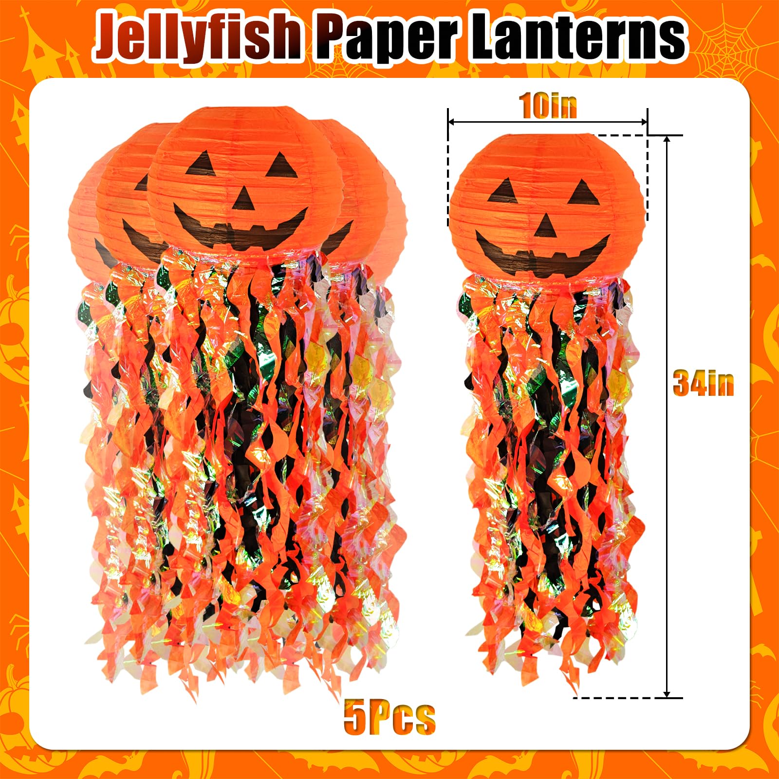 Halloween Pumpkin Paper Lantern Set – 5 Pack Orange & Black Hanging Party Decorations with Tassel Ribbons (Jellyfish Design)