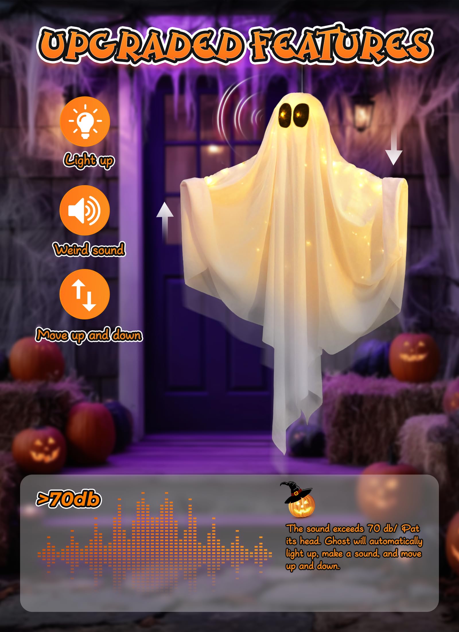 Brightown Halloween Hanging Ghost Lights with Voice Activated for Spooky Scream & Bobbing Motion, Halloween Decoration with Posable Arms for Indoor/Outdoor Party, Festival, Porch, Patio (Warm White)