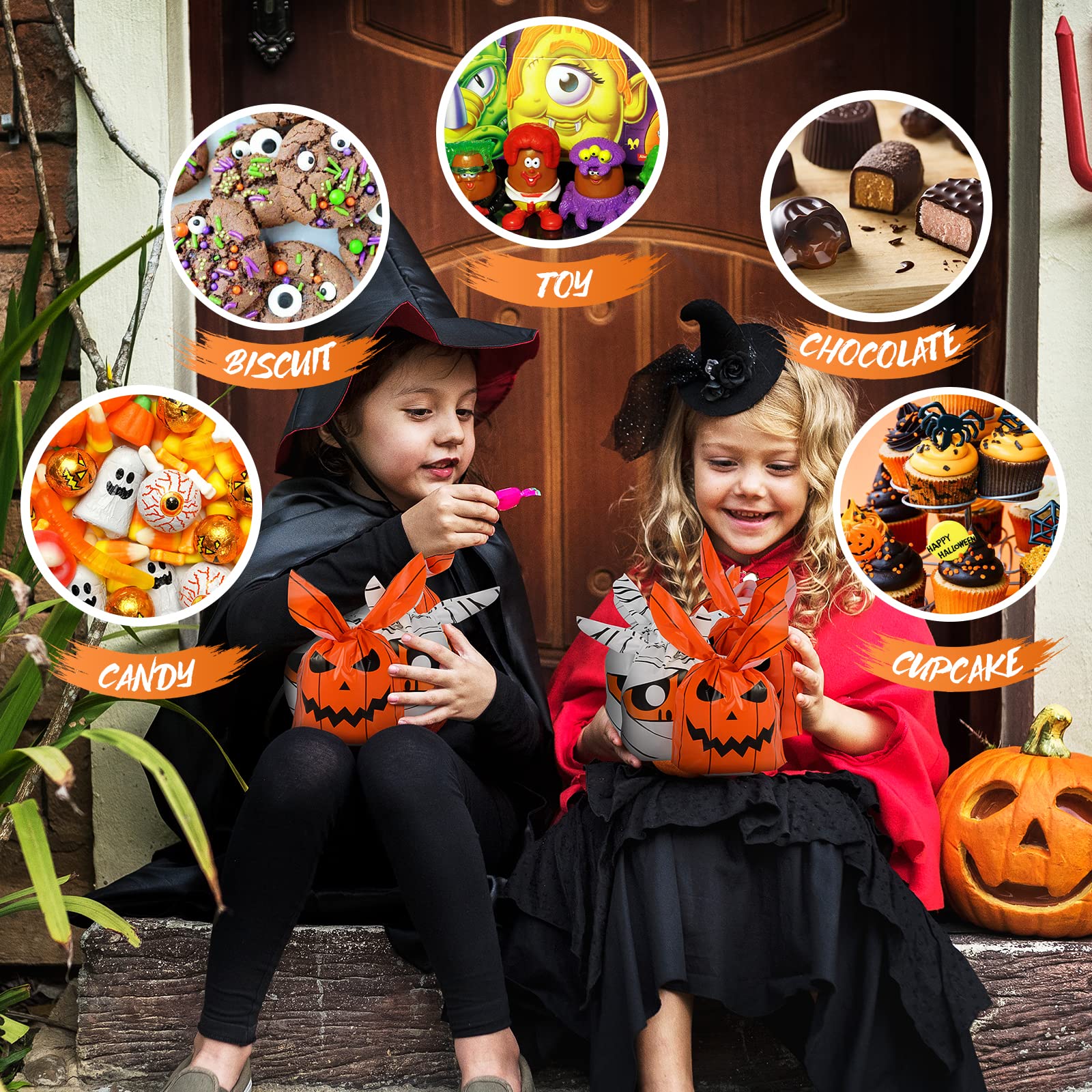 100 PCS Halloween Treat Bags Candy Bags, Kids Trick or Treat Bags Goodie Bags, Cute Rabbit Ear Small Halloween Cookies Plastic Gift Bags for Halloween Party Decoration Supplies