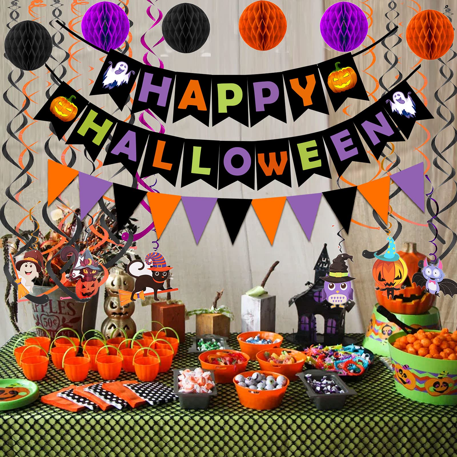 Halloween Party Decoration Set – Black, Orange & Purple Paper Banner Kit with Honeycomb Balls, Swirls & Garland