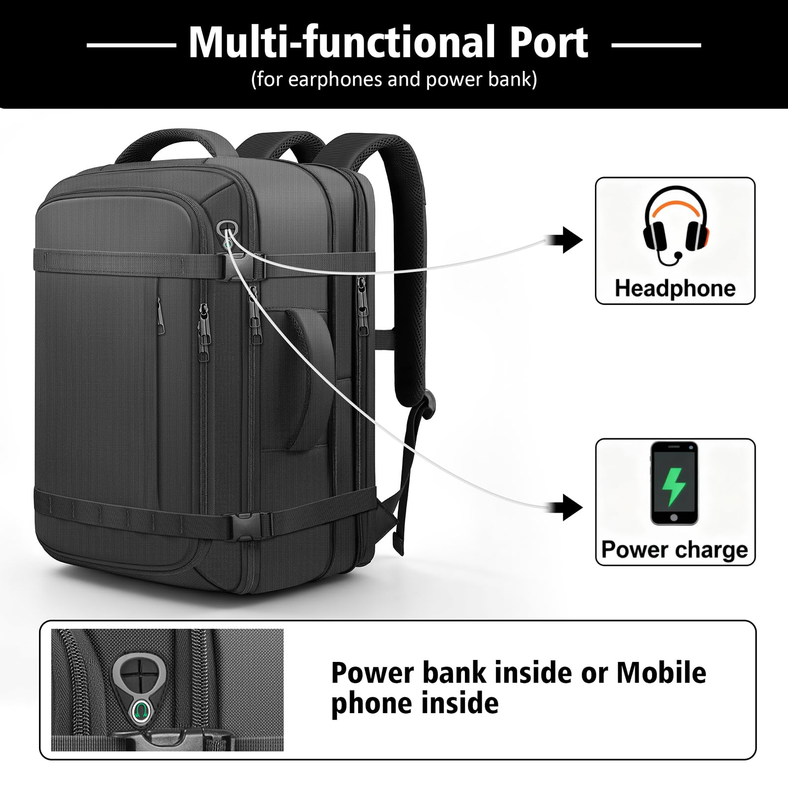 Expandable 40–50L Carry-On Travel Backpack with Lay-Flat Opening & USB Cable Port – Fits 17.3” – Black