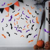 Halloween 3D Bat Wall Decals – 100 PCS Waterproof PVC Bats in Orange, Purple & Black (5 Sizes)