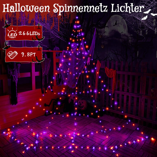 Halloween Spiderweb Lights – 266 LED Orange & Purple Outdoor Web with Remote, 8 Modes & Timer (9.8ft, IP67 Waterproof)