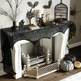 Black Lace Spider Web Mantel Scarf – Elegant Halloween Fireplace Decoration for Spooky Home Décor (18x96 Inches)