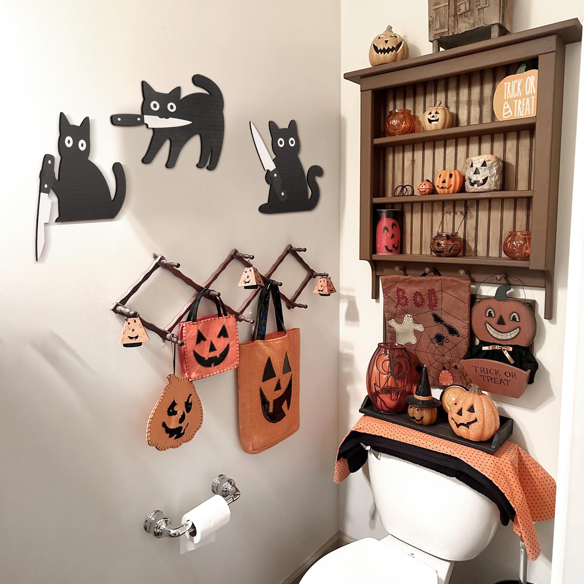 Black Cat Wooden Halloween Decorations – 3-Piece Set of Spooky-Cute Cat Figures for Indoor Home Décor (DRZS0090)