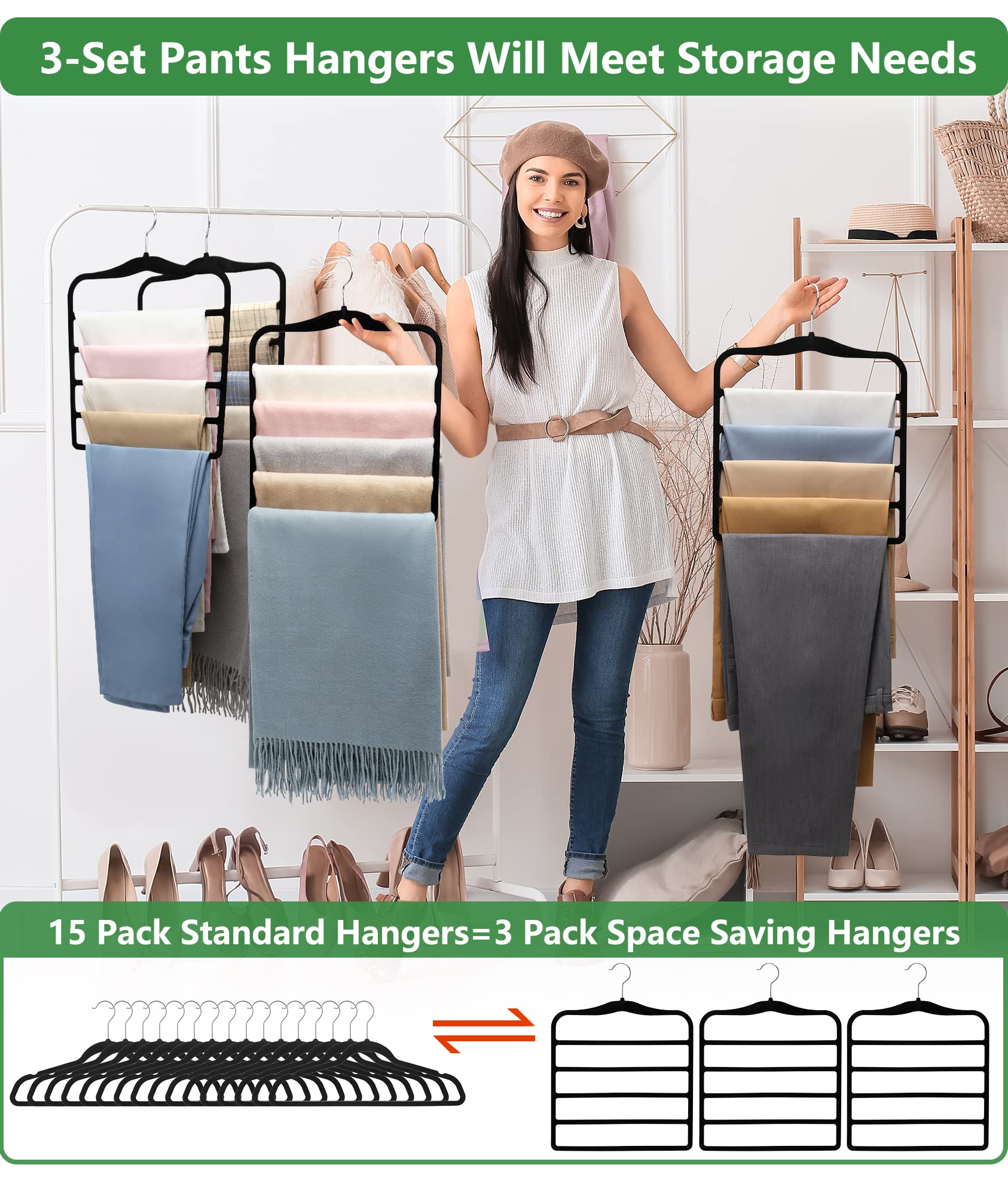 Space-Saving Velvet Pants Hangers (3-Pack) – 5-Tier Non-Slip Closet Organizer for Jeans, Pants, Scarves & Ties (Black)