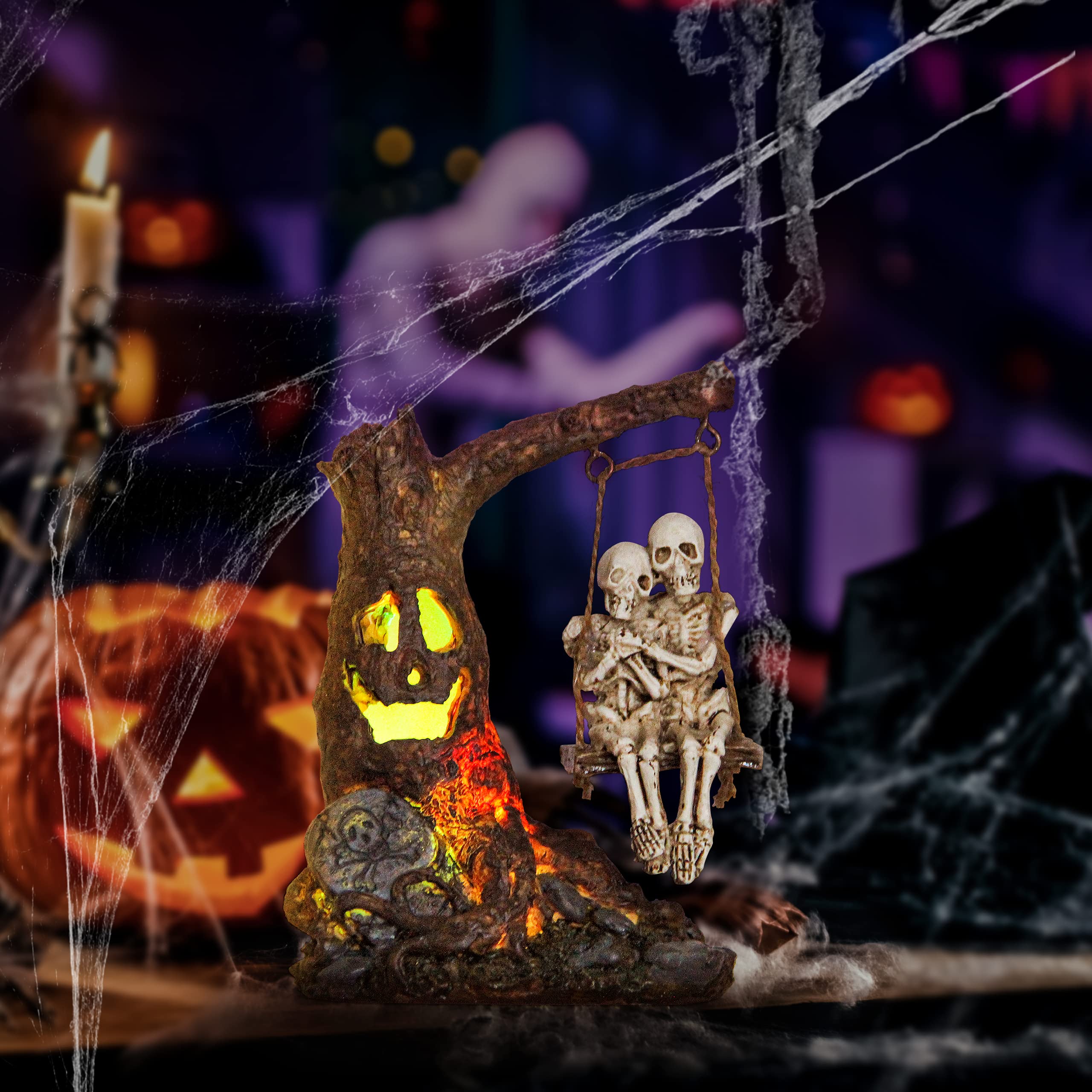 LED Skeleton Couple on Tree Swing – Lighted Halloween Statue with Color-Changing Timer (Multicolor, 5.5 in)