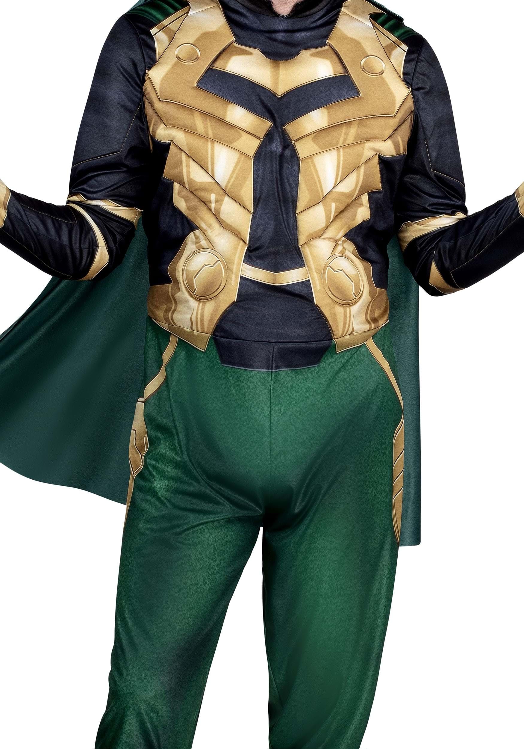 Marvel Loki Costume for Men – Deluxe Green & Gold Jumpsuit with Cape & Horned Headband for Halloween & Cosplay
