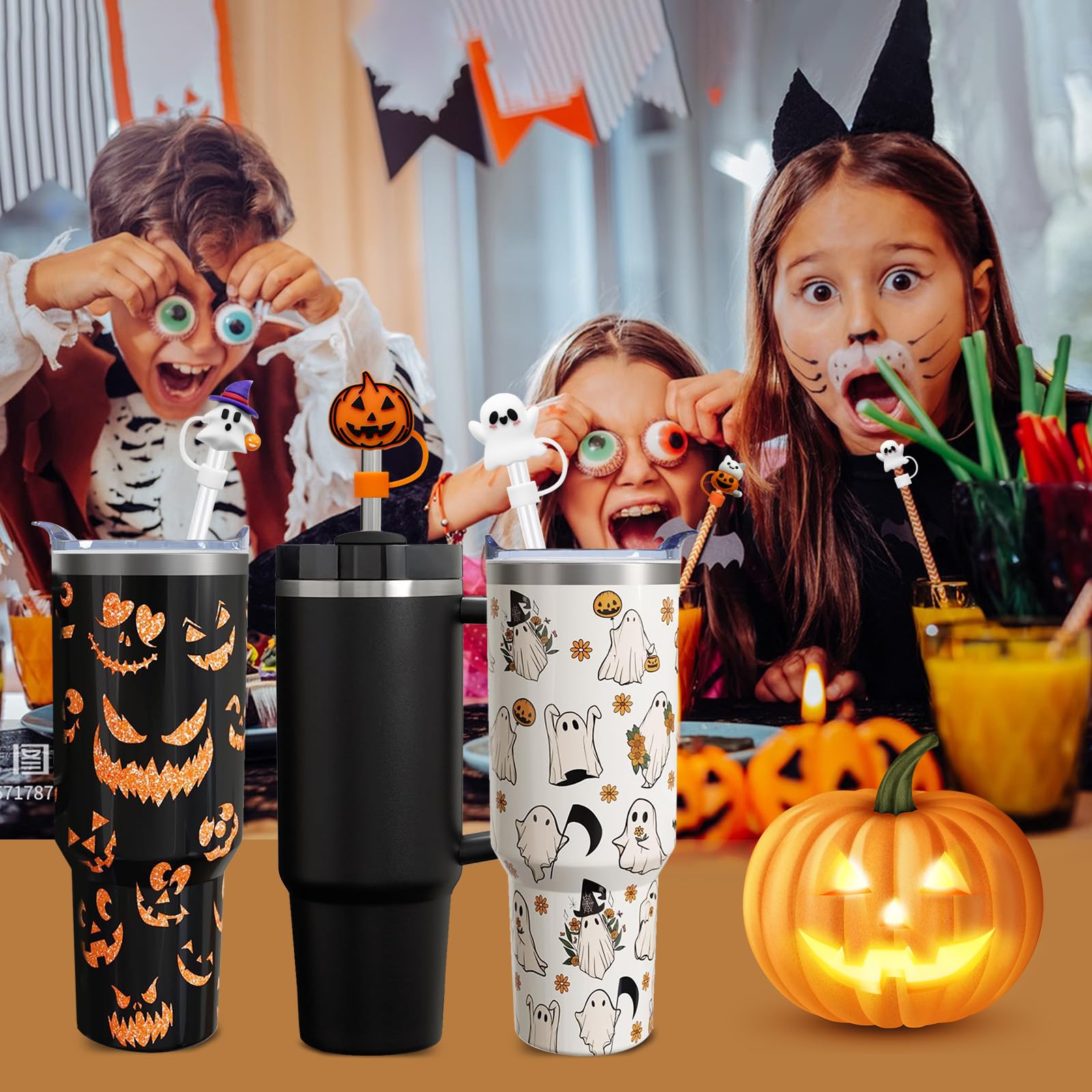 9 Pcs Halloween Silicone Straw Toppers – Pumpkin, Ghost & Bat Covers for Stanley 30/40oz Tumblers