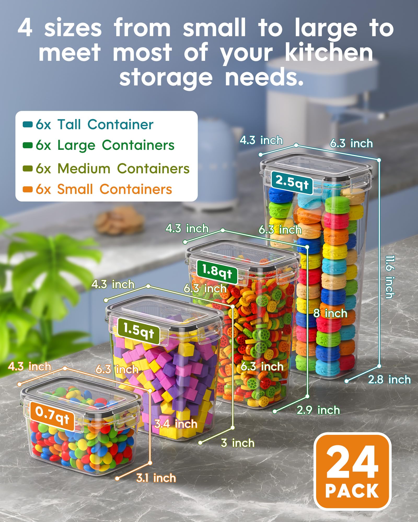 Airtight Food Storage Containers Set – 24 Piece Stackable Pantry Canisters with Lids, Labels & Marker