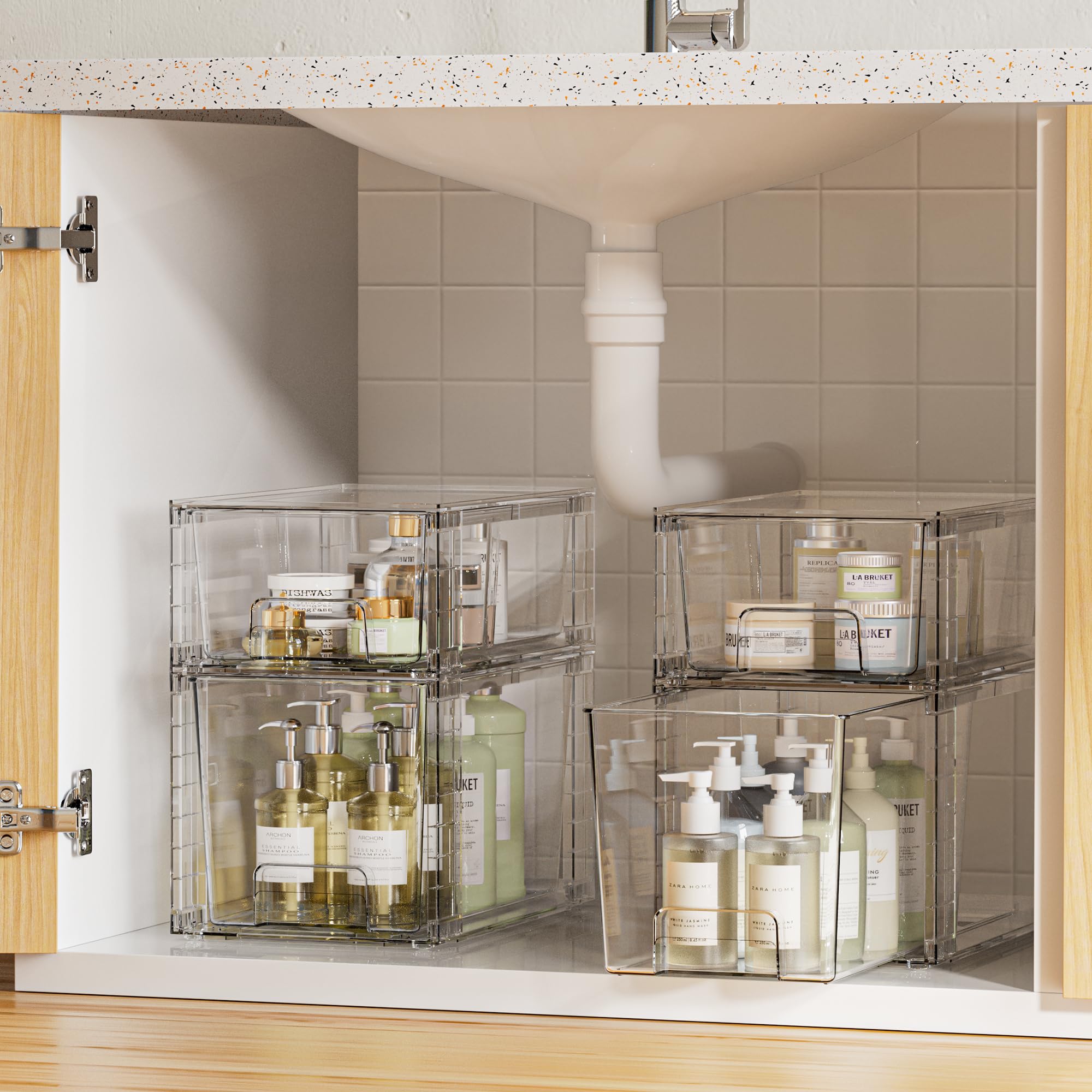 Clear Stackable Acrylic Drawer Organizer Set – Dual Size Pull-Out Storage Bins for Pantry, Bathroom & Cabinets