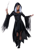 Black Hooded Witch Costume for Women – Elegant Lace Chest Dress with Bell Sleeves