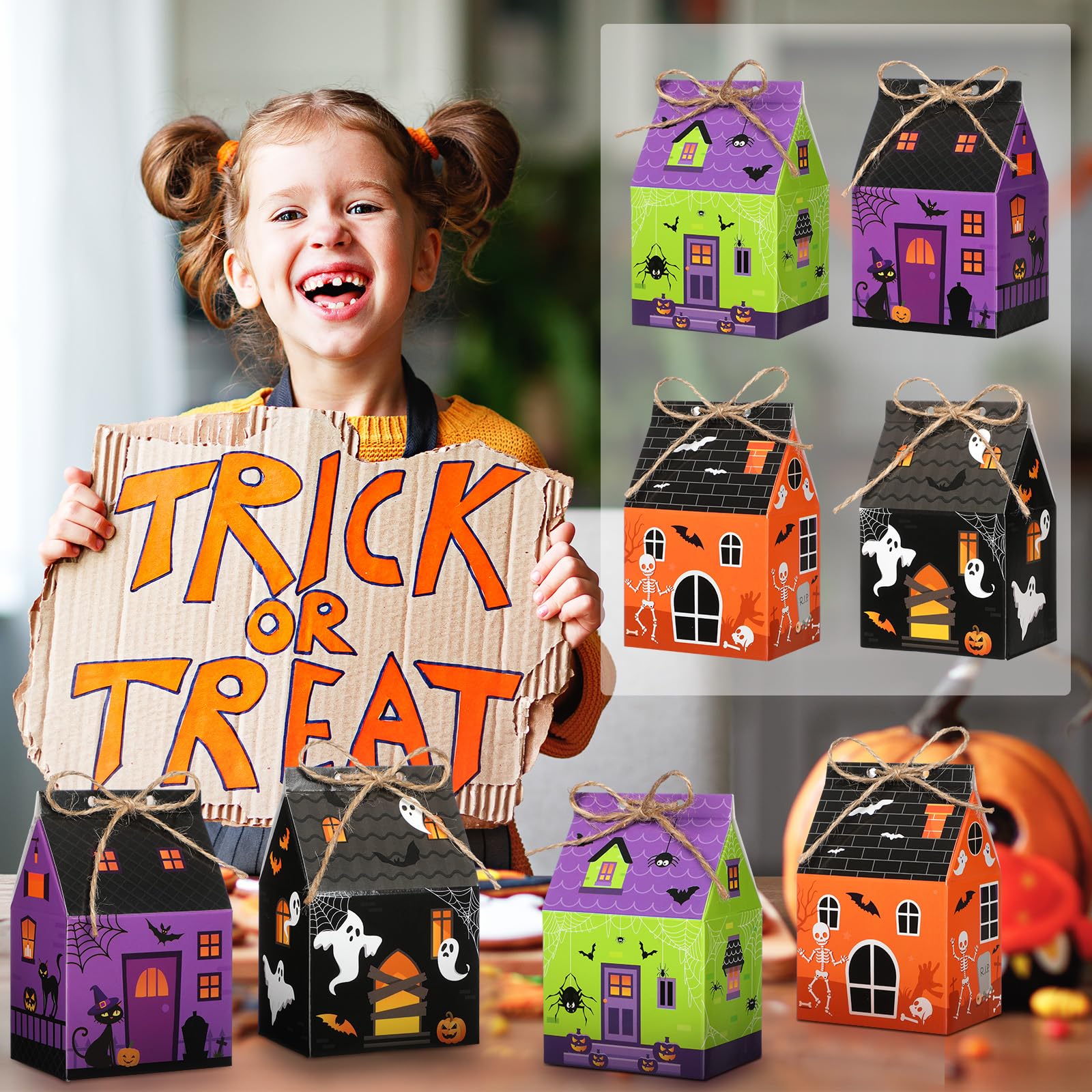 Halloween Mini Gift Boxes – 48-Pack Candy & Treat Boxes with Twine, 4 Festive Designs (Castle & Candy Theme)