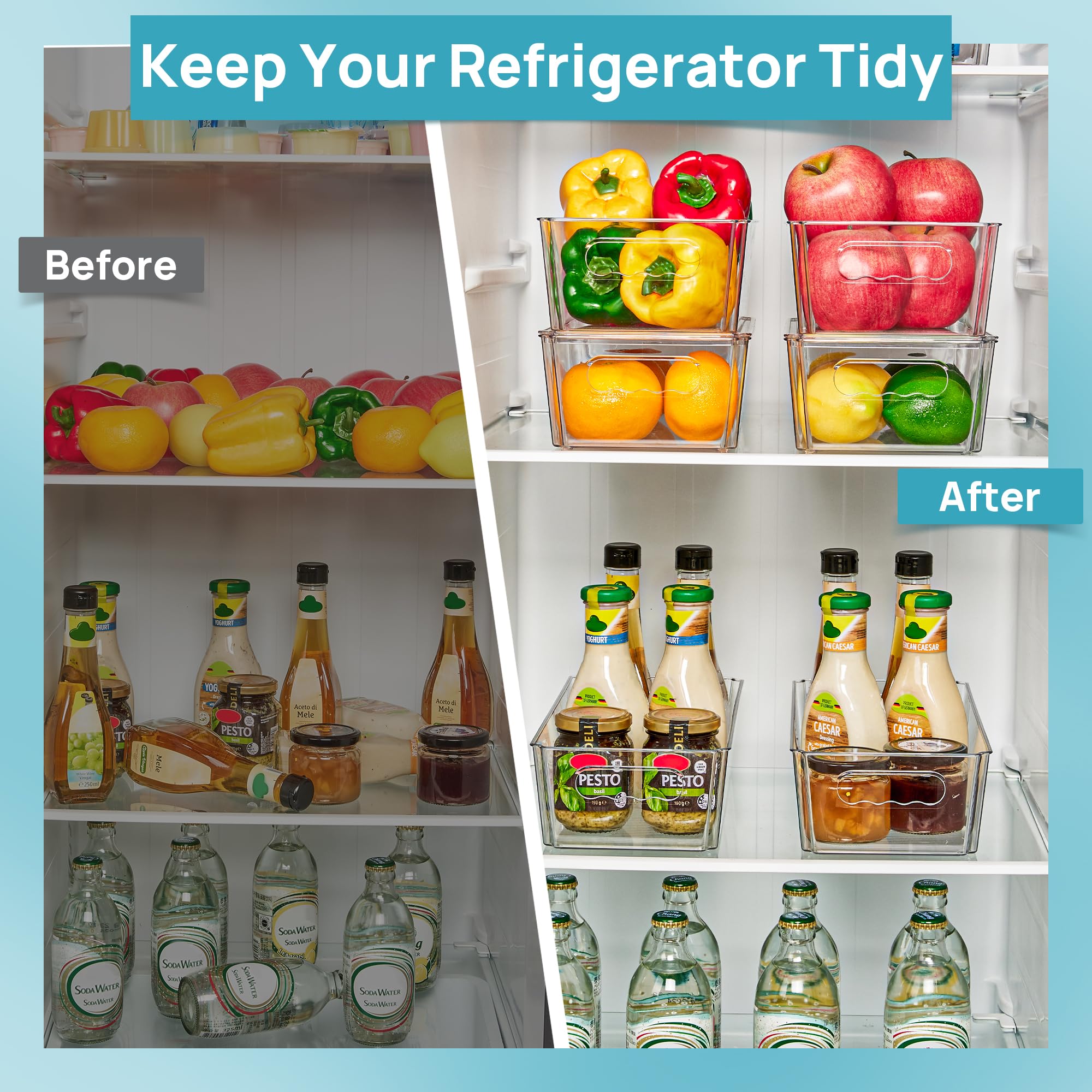 Clear Storage Organizer Bins with Lids & Handles – Stackable Refrigerator and Pantry Containers (12” Size)