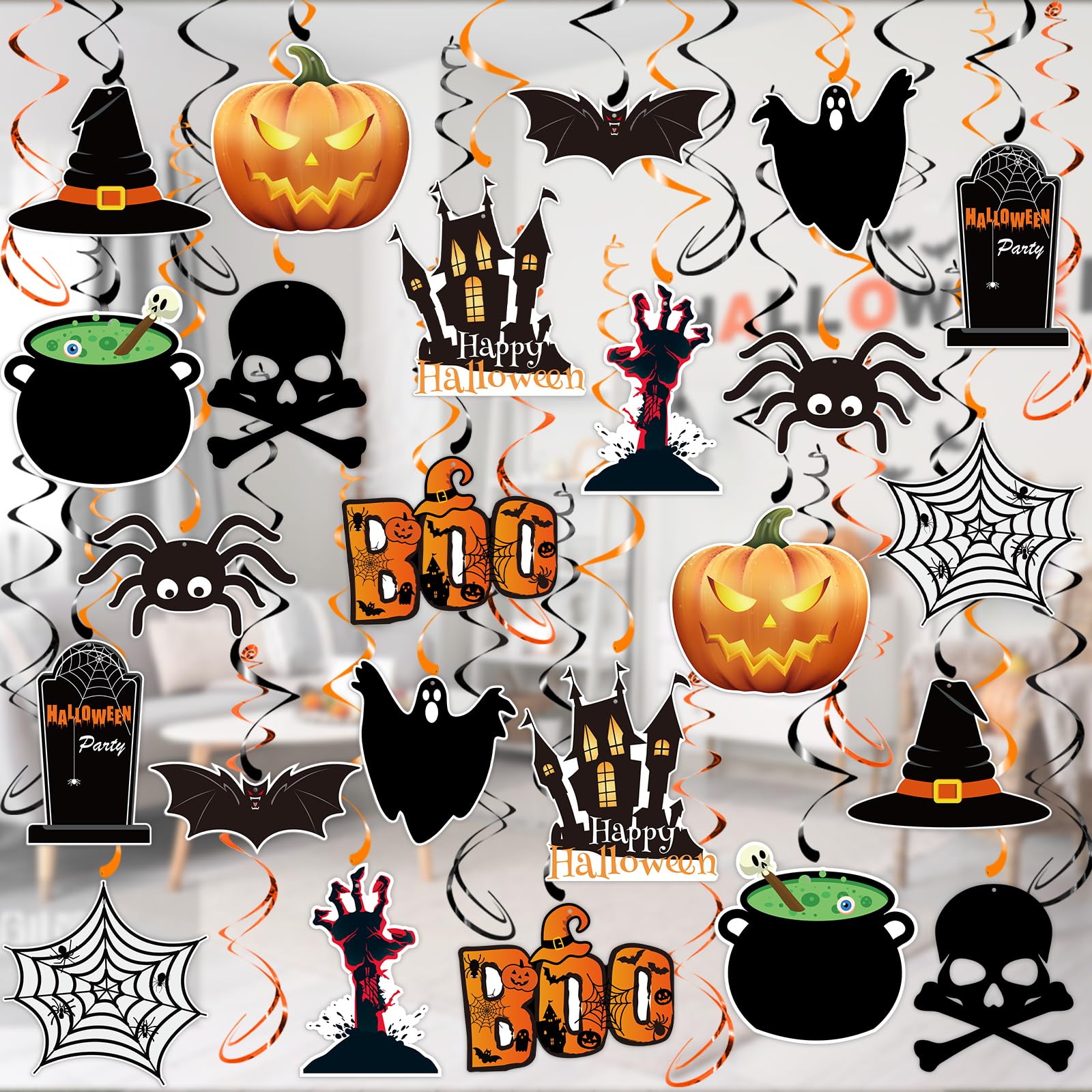 Halloween Hanging Swirl Decorations – 60PCS Ceiling Foil & Card Set with Ghosts, Bats, Pumpkins & Spiders