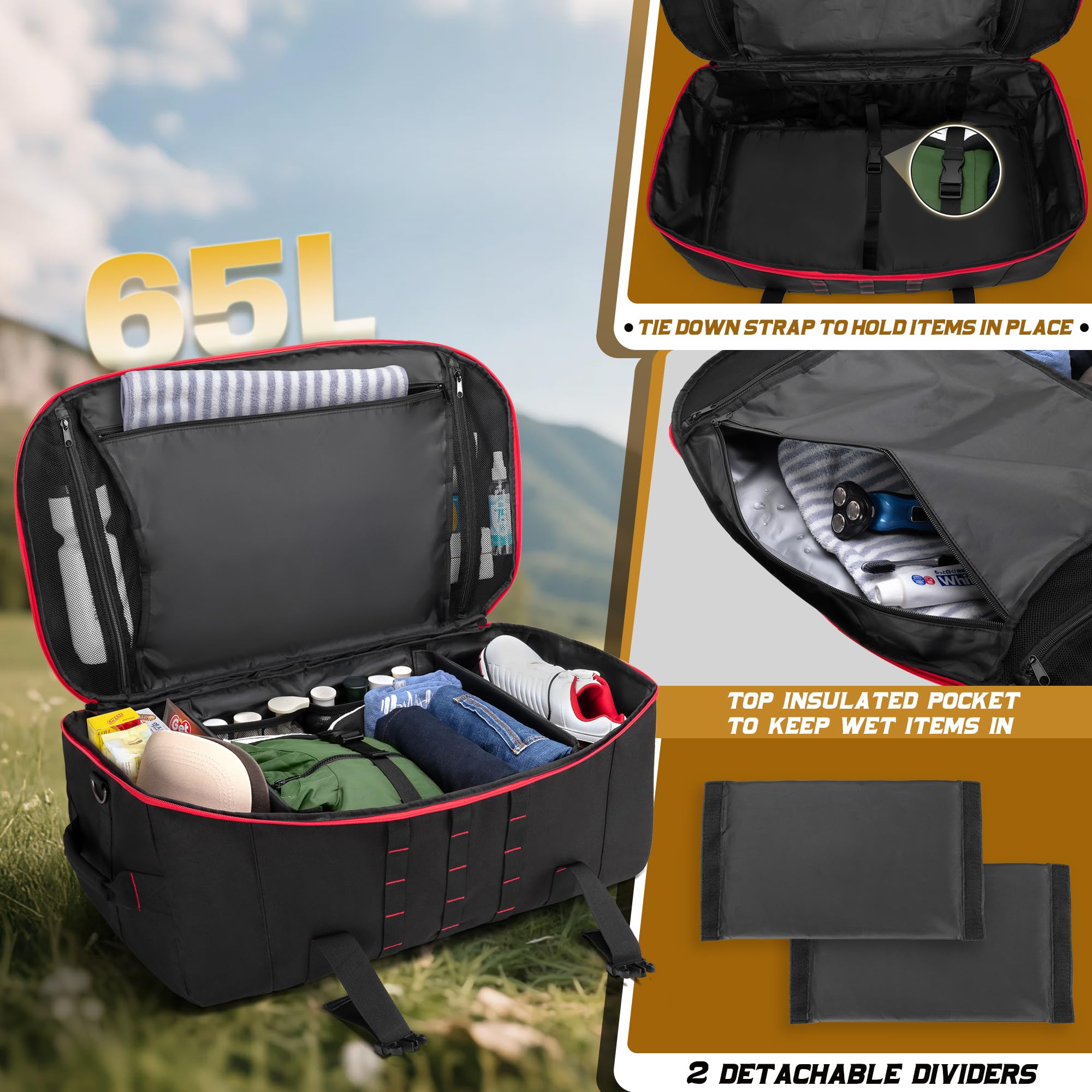 65L Tactical Duffle Backpack – Heavy-Duty Water-Resistant Gym & Travel Bag with Wet Pocket and Dividers (Black)