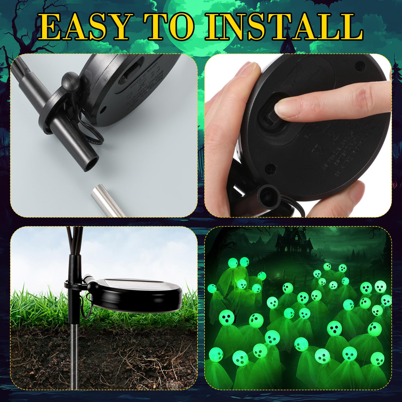 VIHOSE 2 Packs Halloween Decorations Outdoor Halloween Ghost Path Lights 12 LED Spooky Solar Lights Waterproof Solar Firefly Ghost Swaying Light for Outside Garden Lawn Yard Decors (Green)
