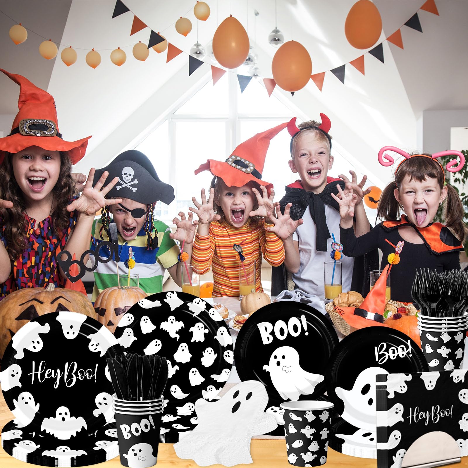 Black Ghost Halloween Tableware Set – 144 Pcs Disposable Plates, Cups, Napkins & Cutlery with Cute Boo Ghost Design for Party & Baby Shower
