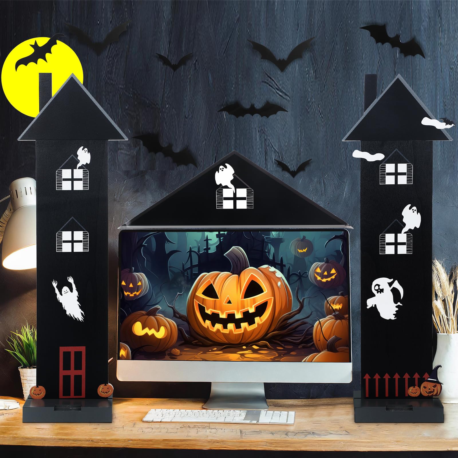 Halloween Office Cubicle Decor Set – Wooden Haunted House Desktop Decorations with Bat Stickers (Black)
