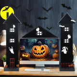 Halloween Office Cubicle Decor Set – Wooden Haunted House Desktop Decorations with Bat Stickers (Black)