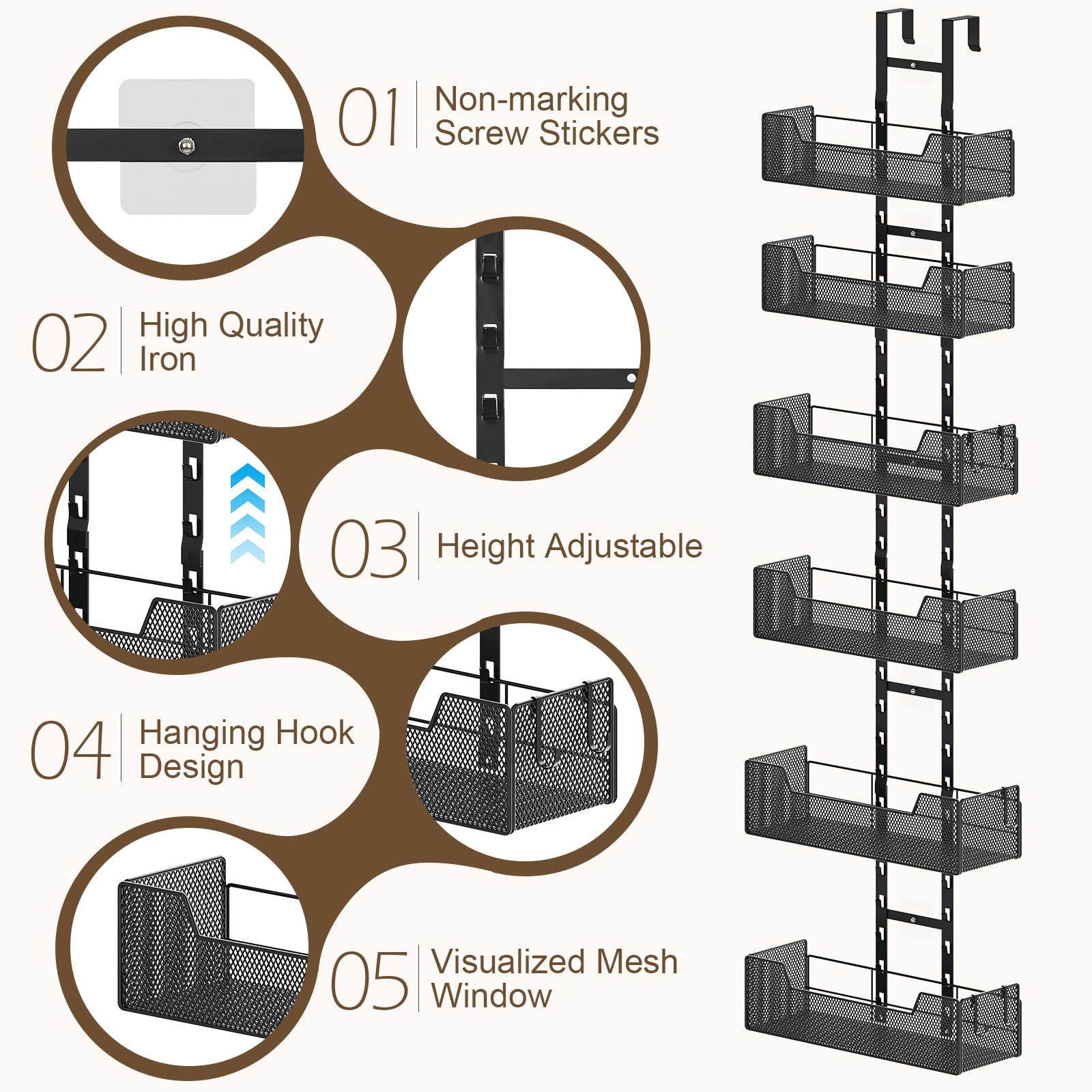 Hongtamoya Over-the-Door Metal Storage Organizer – 6 Adjustable Mesh Baskets & Hooks for Closet, Pantry & Bathroom (Black)