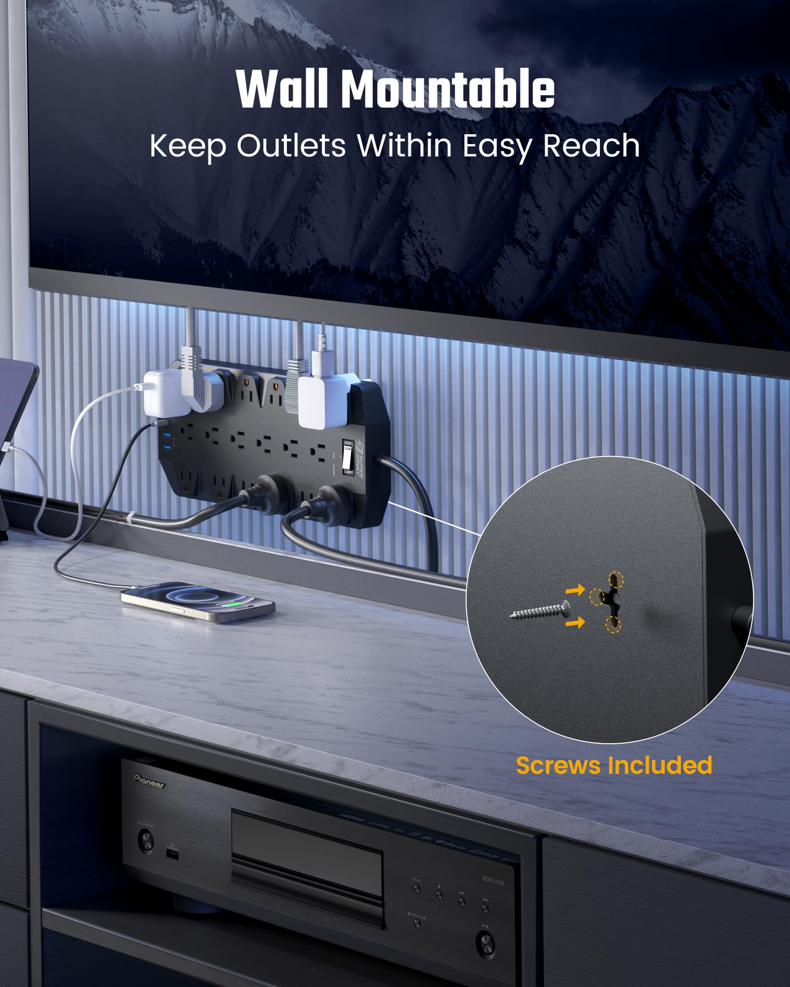 SUPERDANNY Heavy Duty Surge Protector Power Strip with 18 AC Outlets, 4 USB Ports & Flat Plug Wall Mount Extension Cord