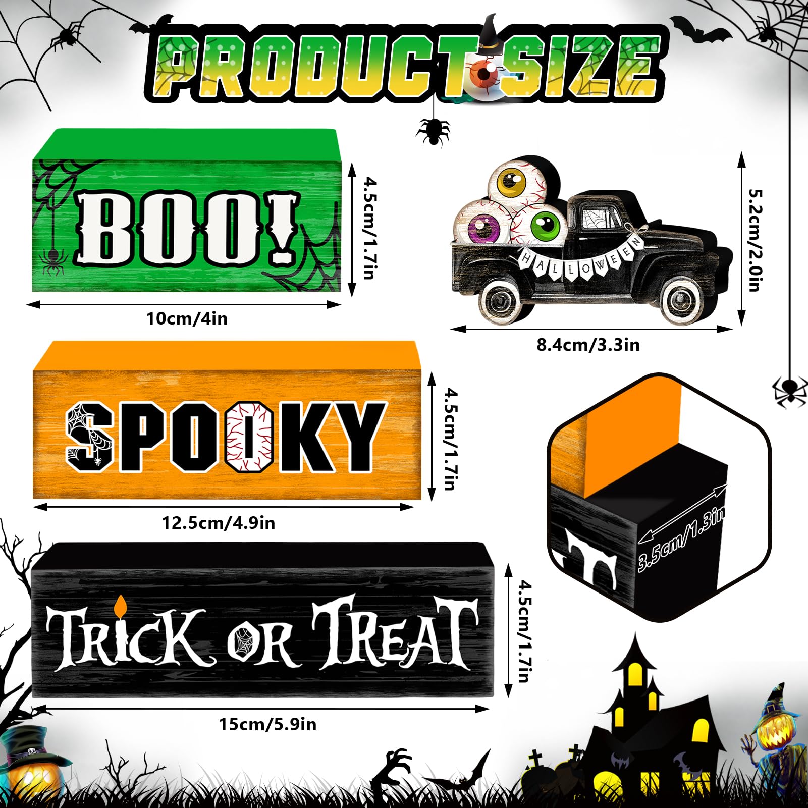 Eyeball Truck Halloween Wooden Tiered Tray Decor Set – Rustic “BOO” & “Trick or Treat” Blocks for Spooky Displays