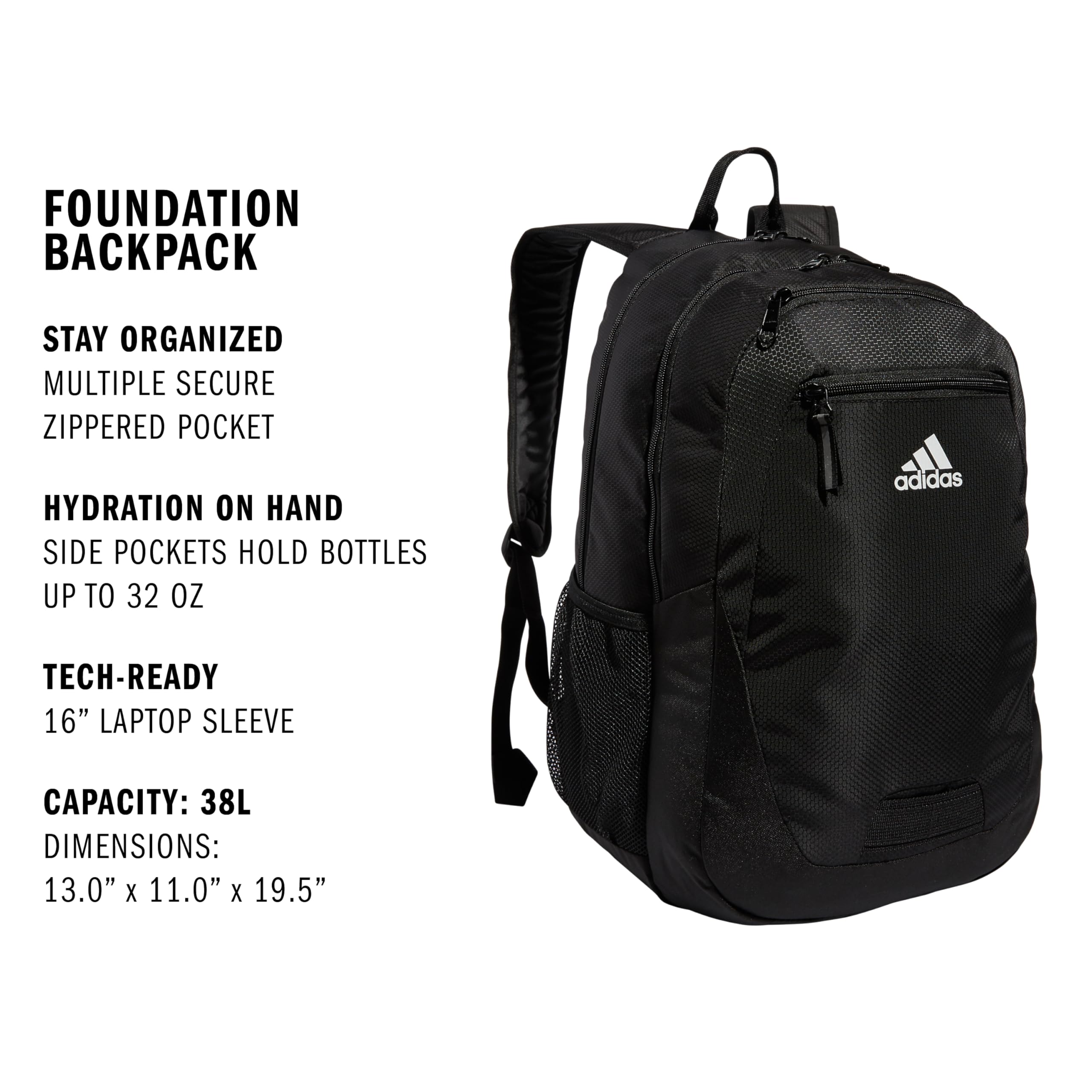 adidas Unisex Foundation Backpack – Large Durable Laptop Backpack for Travel, School & Gym (Black/White)