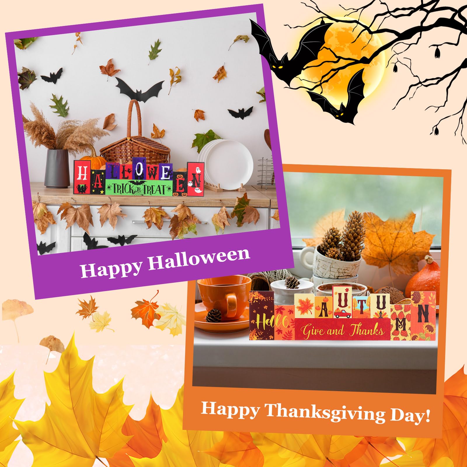 Reversible Wooden Table Sign – “Trick or Treat” & “Give and Thanks” Double-Sided Halloween & Thanksgiving Décor
