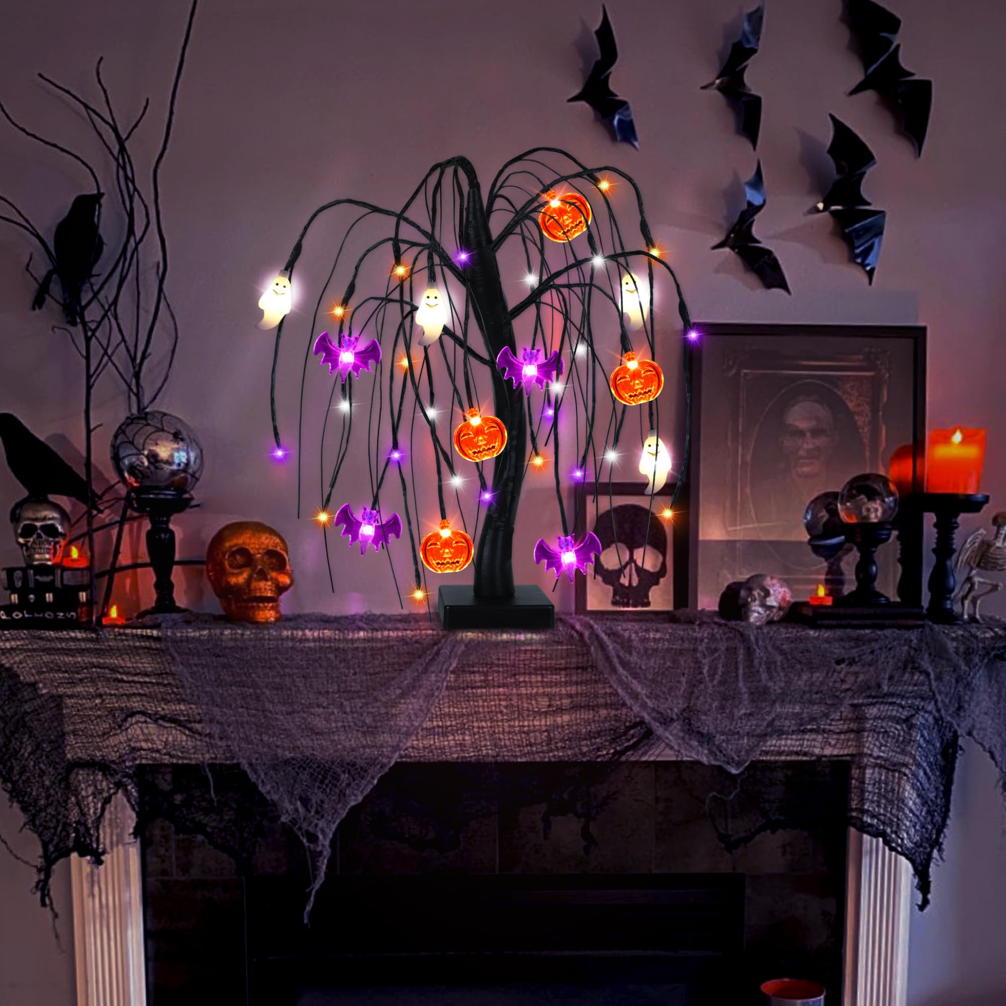 Light-Up Halloween Tree – 24 LED Black Willow Tree with Pumpkin, Bat & Ghost Ornaments (USB & Battery Powered)
