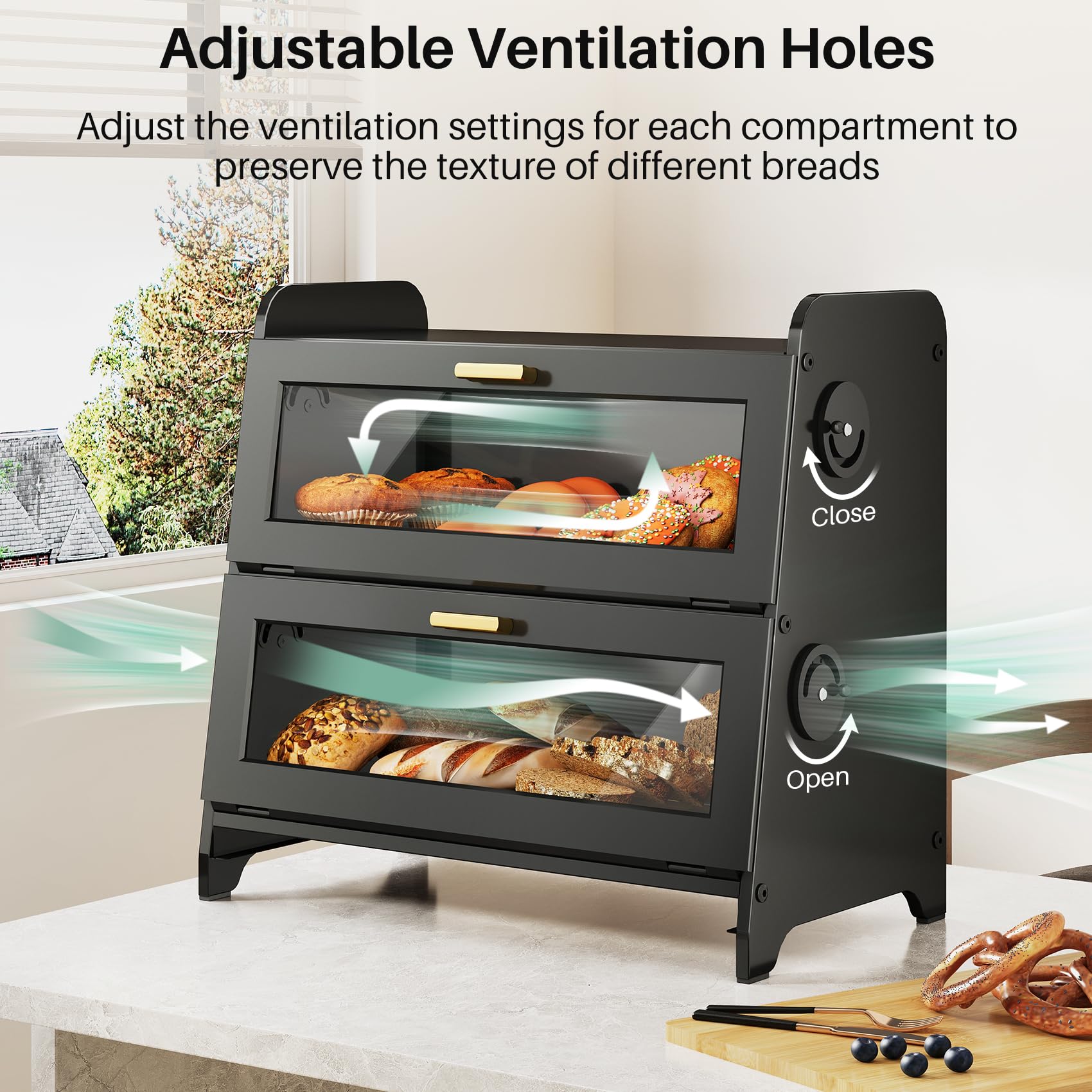 Large 2-Tier Bread Box with Adjustable Ventilation – Magnetic Door Bamboo Tray Bread Storage (Black)