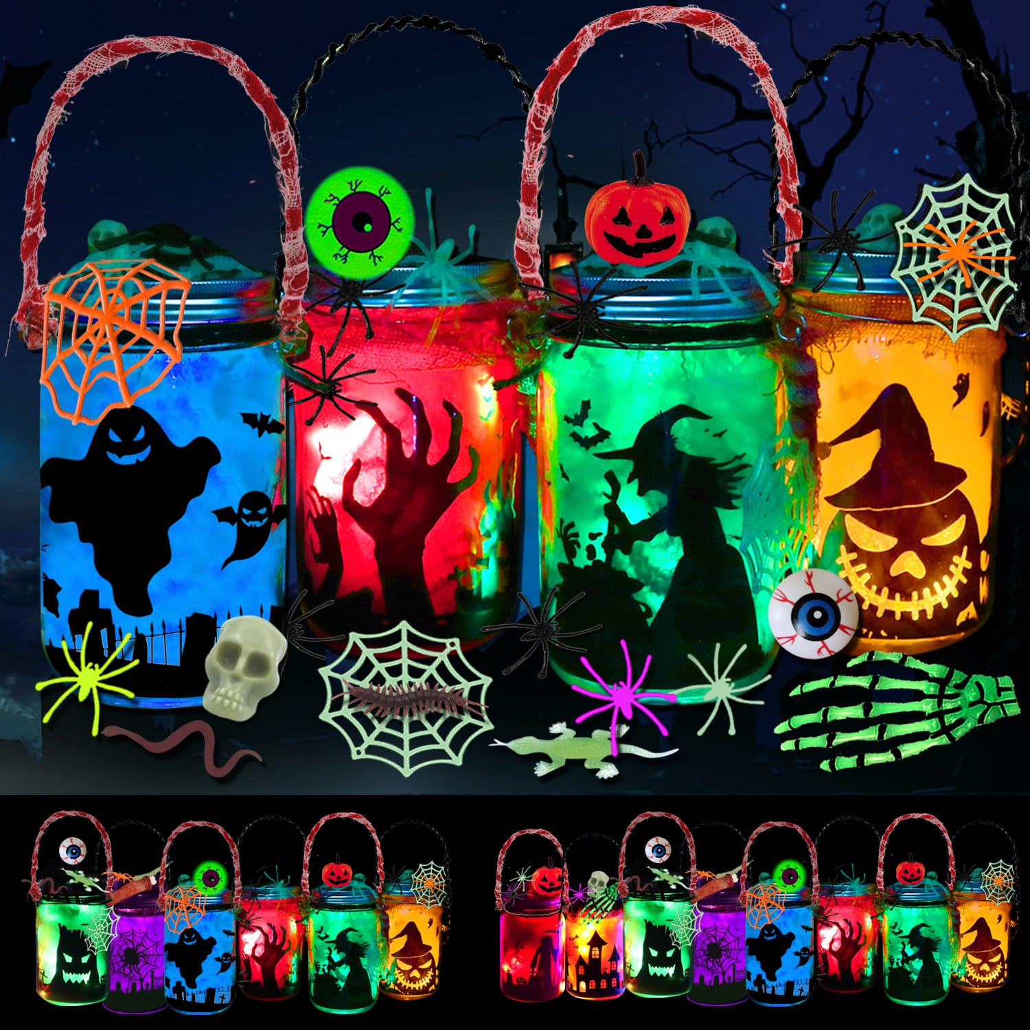 Halloween DIY Lantern Jar Craft Kit – 4 Mason Jars with Multicolor LED Lights & Spooky Silhouettes (Pumpkin, Witch, Cemetery, Ghost)