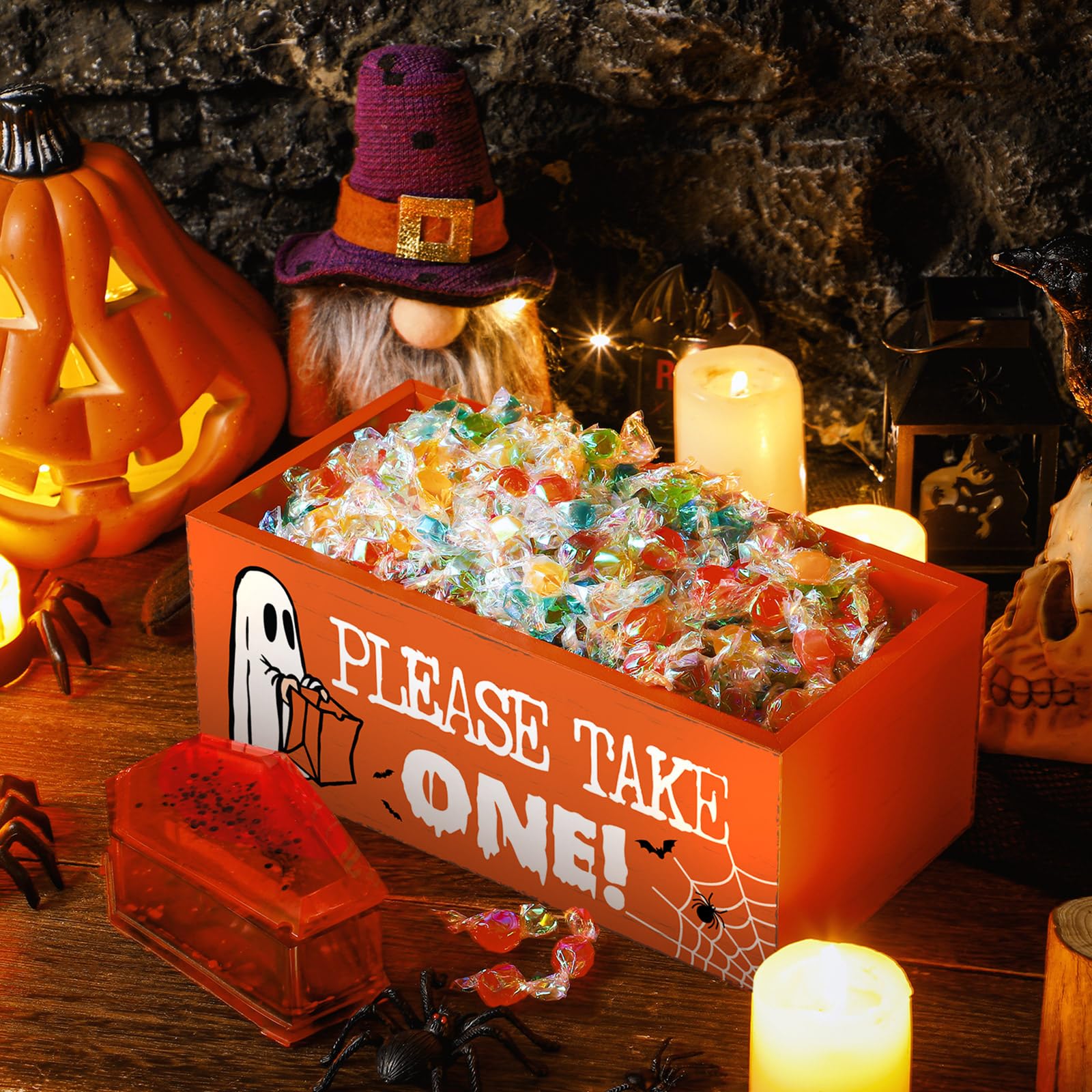 Wooden “Please Take One” Halloween Candy Bowl – Orange Rustic Trick or Treat Box