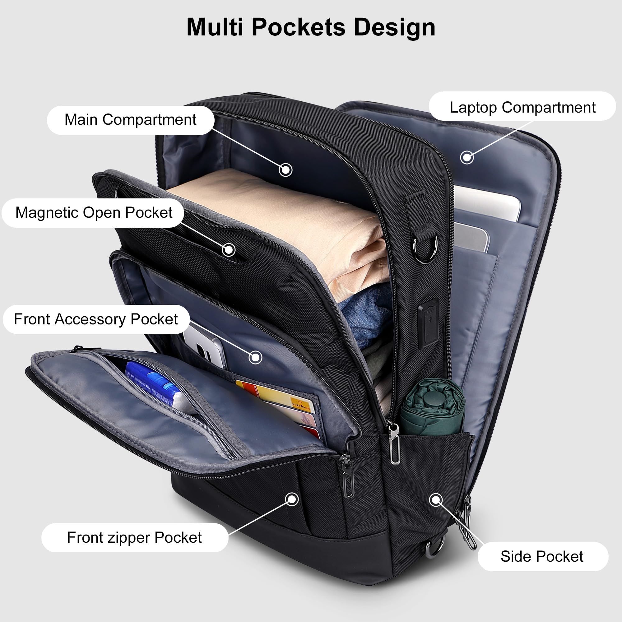 PIJUSHI 3-in-1 Convertible Laptop Backpack – Flight-Approved Personal Item with USB Charging & RFID Blocking (Black)