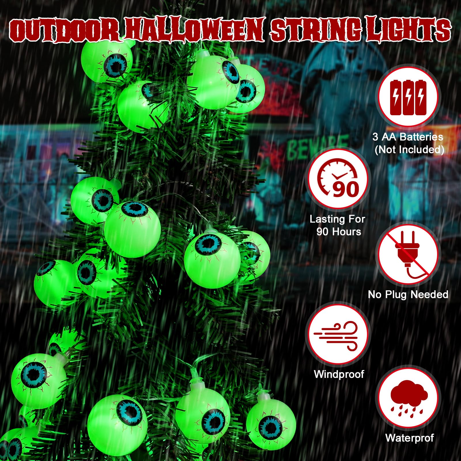 17Ft Green Halloween Eyeball String Lights – 30 LED 3D Bloodshot Eyes with Remote, 8 Modes & Timer for Spooky Décor