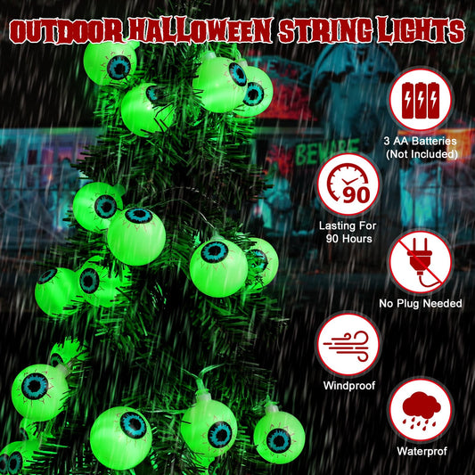17Ft Green Halloween Eyeball String Lights – 30 LED 3D Bloodshot Eyes with Remote, 8 Modes & Timer for Spooky Décor