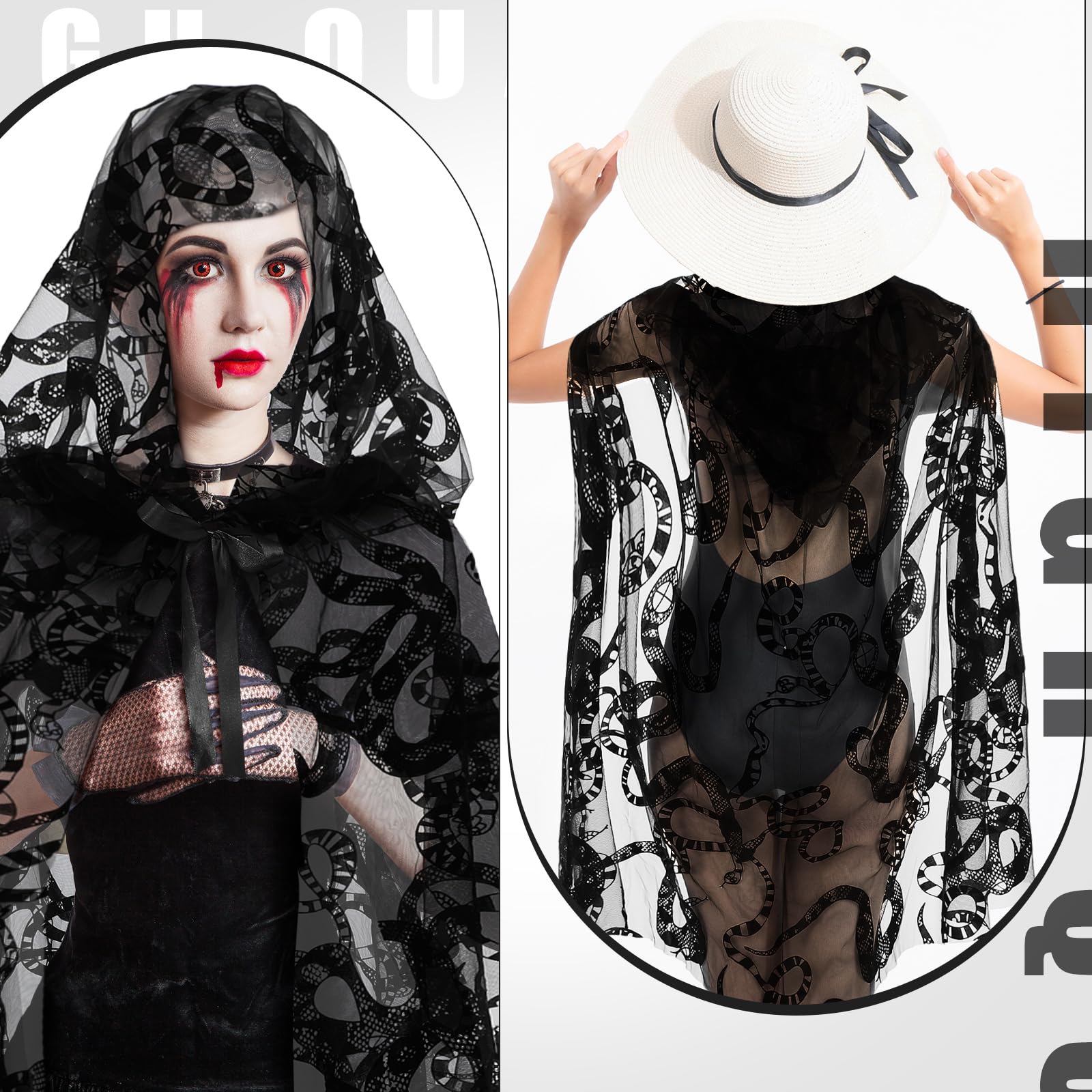 Black Snake Pattern Hooded Cloak – Gothic Lace Cape for Halloween & Cosplay