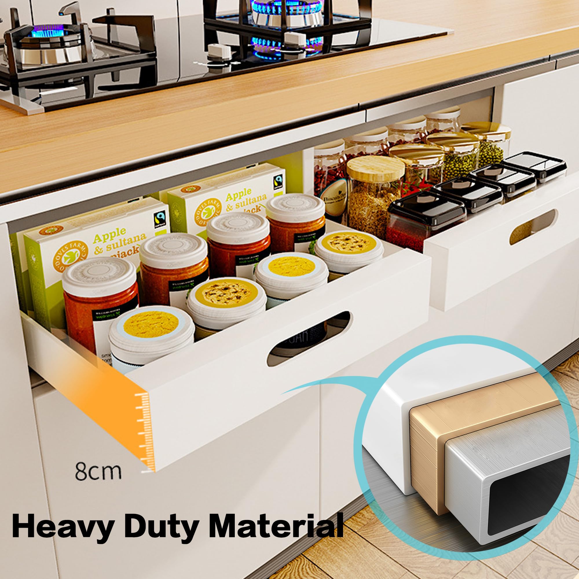 BEALY White Pull-Out Cabinet Organizer – Adhesive No-Drill Slide-Out Drawers with 3-Section Damping Rails (2 Pack)