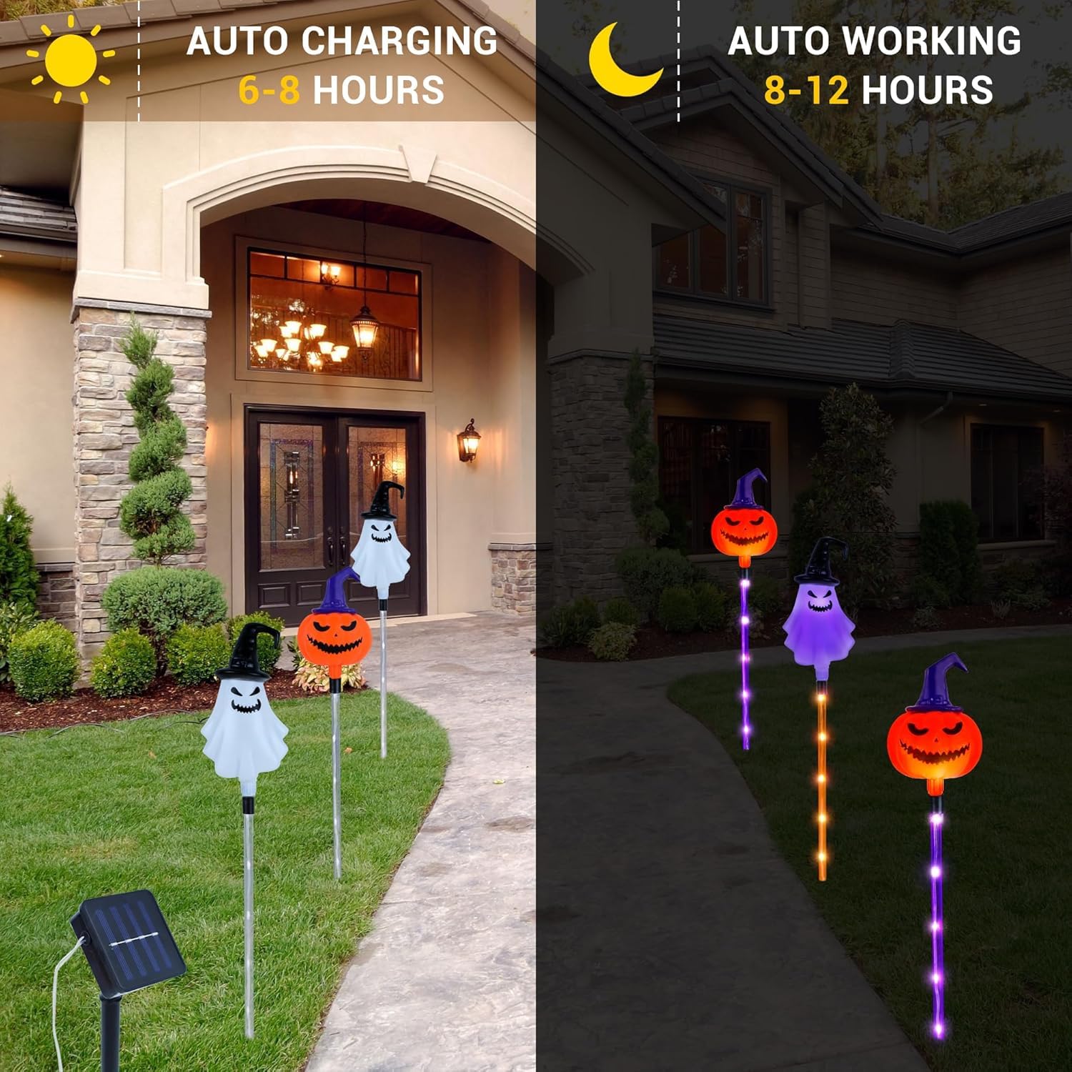 Solar Halloween Pathway Lights 2024 – 6-in-1 Purple & Orange LED Pumpkins & Ghosts with 8 Modes & Waterproof Design