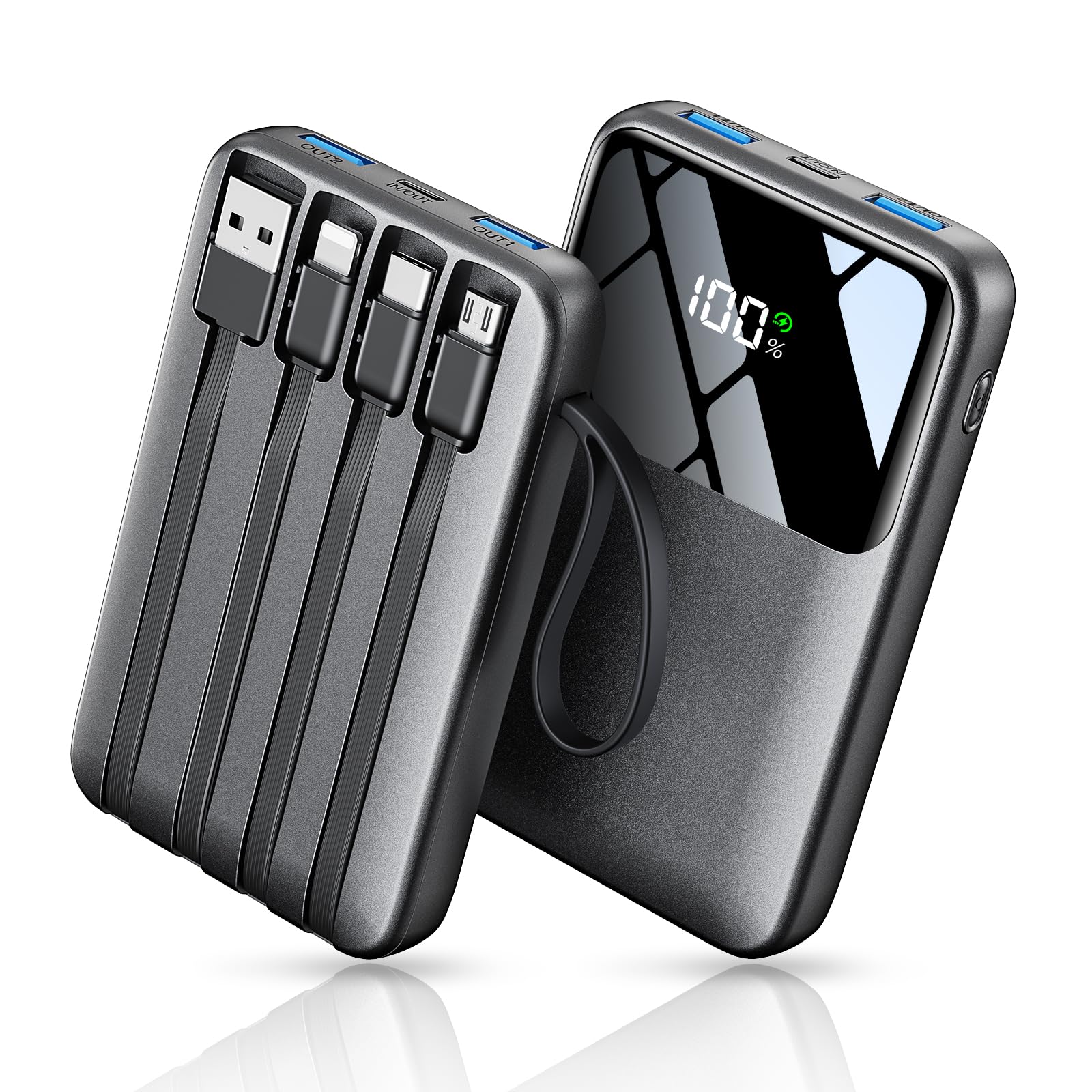 22.5W Fast Charging Power Bank with Built-in Cables – Portable Charger with LED Display for iPhone, Samsung, Tablets & Travel Devices (Black)