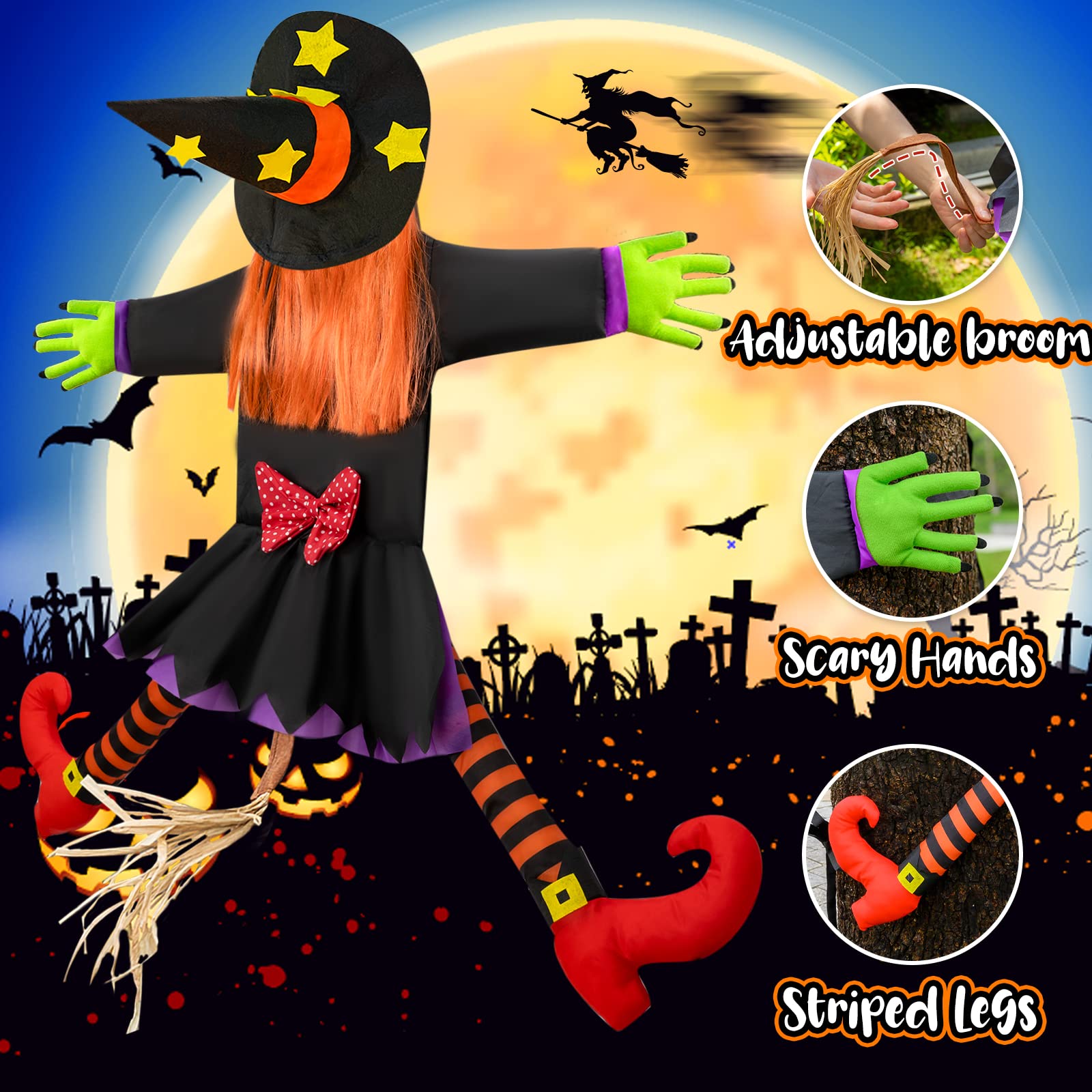 Crashing Witch Halloween Decoration – Life-Size Funny Yard Prop with Starry Hat, Striped Stockings & Pumpkin Hair (Orange)
