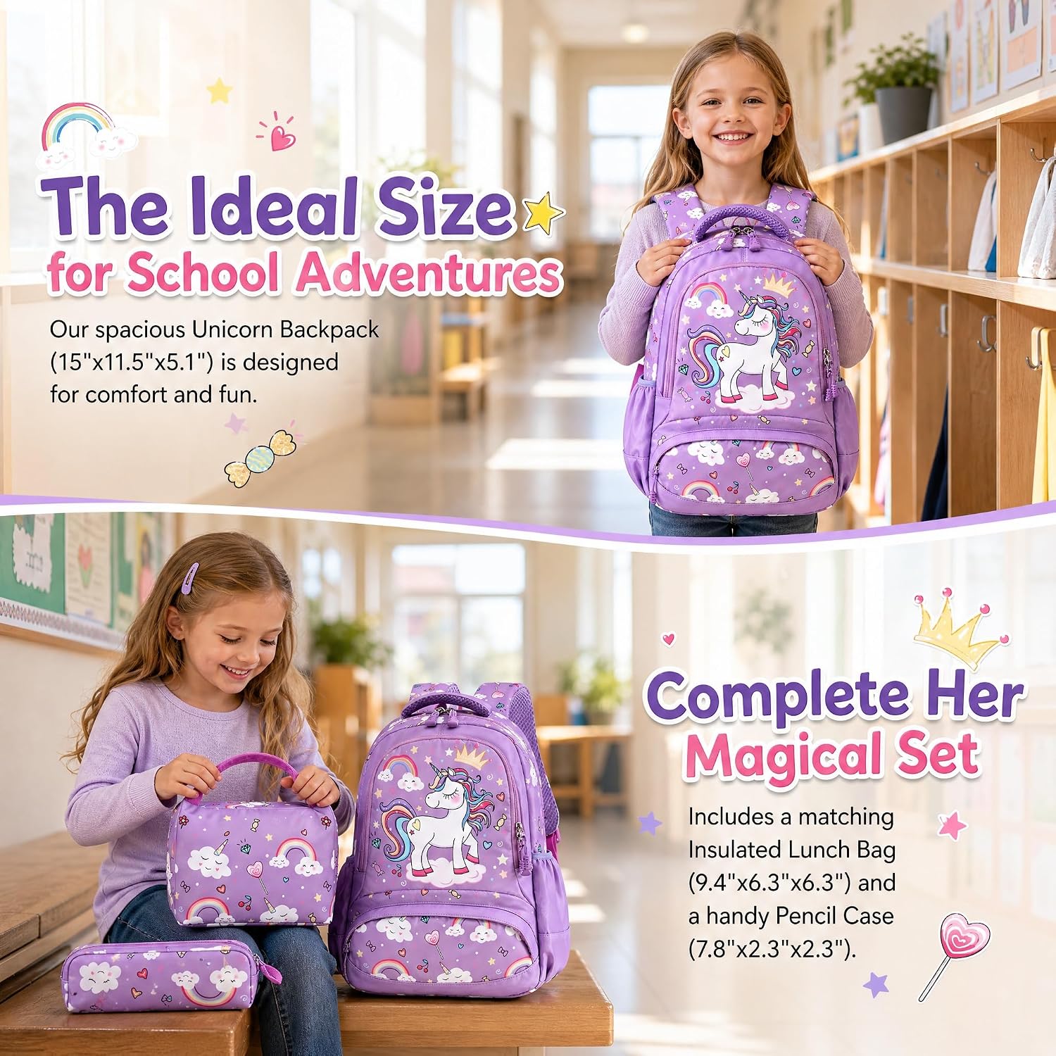 Purple Unicorn School Backpack Set with Lunch Bag