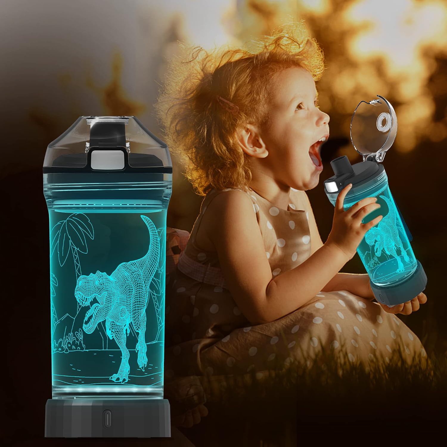 14 oz Kids Dinosaur Light-Up Water Bottle – BPA-Free Leakproof Tritan School Bottle with Carry Strap