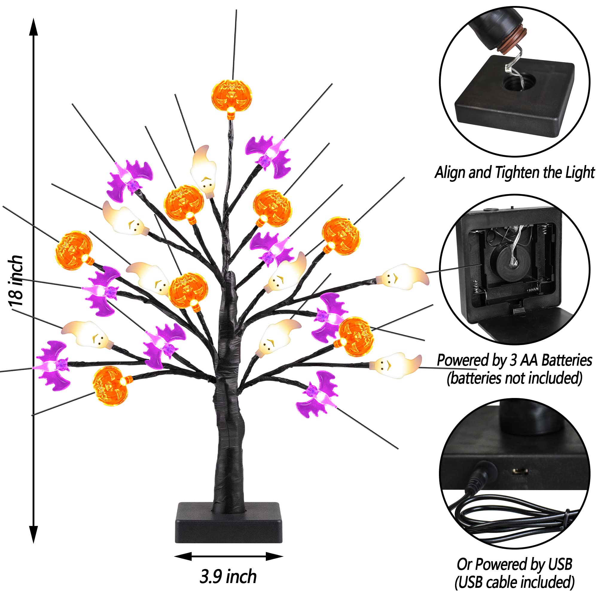 Lighted Halloween Tree – 24 LED Pumpkin, Bat & Ghost Lights with Adjustable Branches, USB or Battery Powered Tabletop Decoration (Timer Function Included)