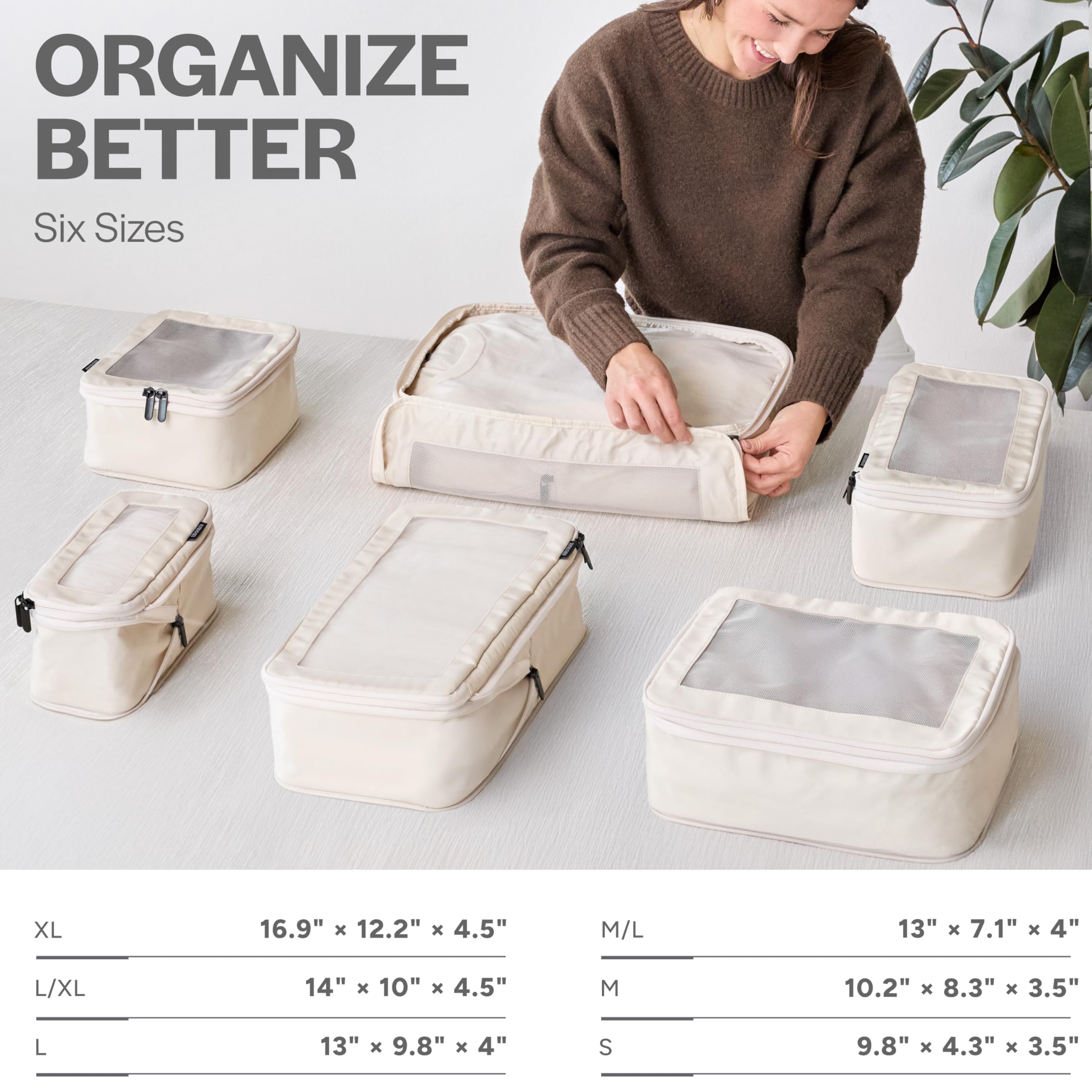 Compression Packing Cubes Set – Travel Luggage Organizer Bags (Beige)