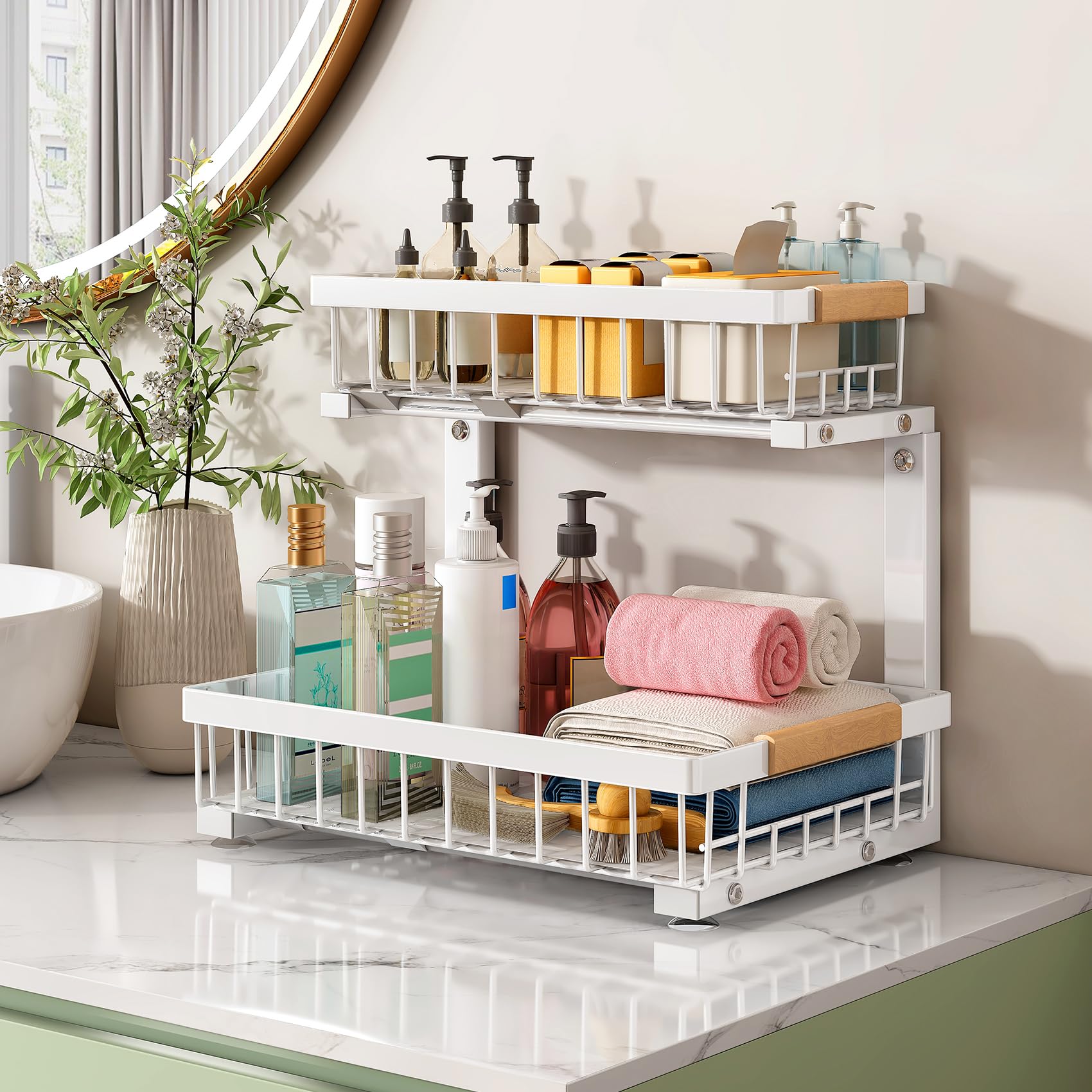 Kitstorack 2-Pack Under-Sink Pull-Out Organizer – Adjustable Height 2-Tier Sliding Cabinet Storage