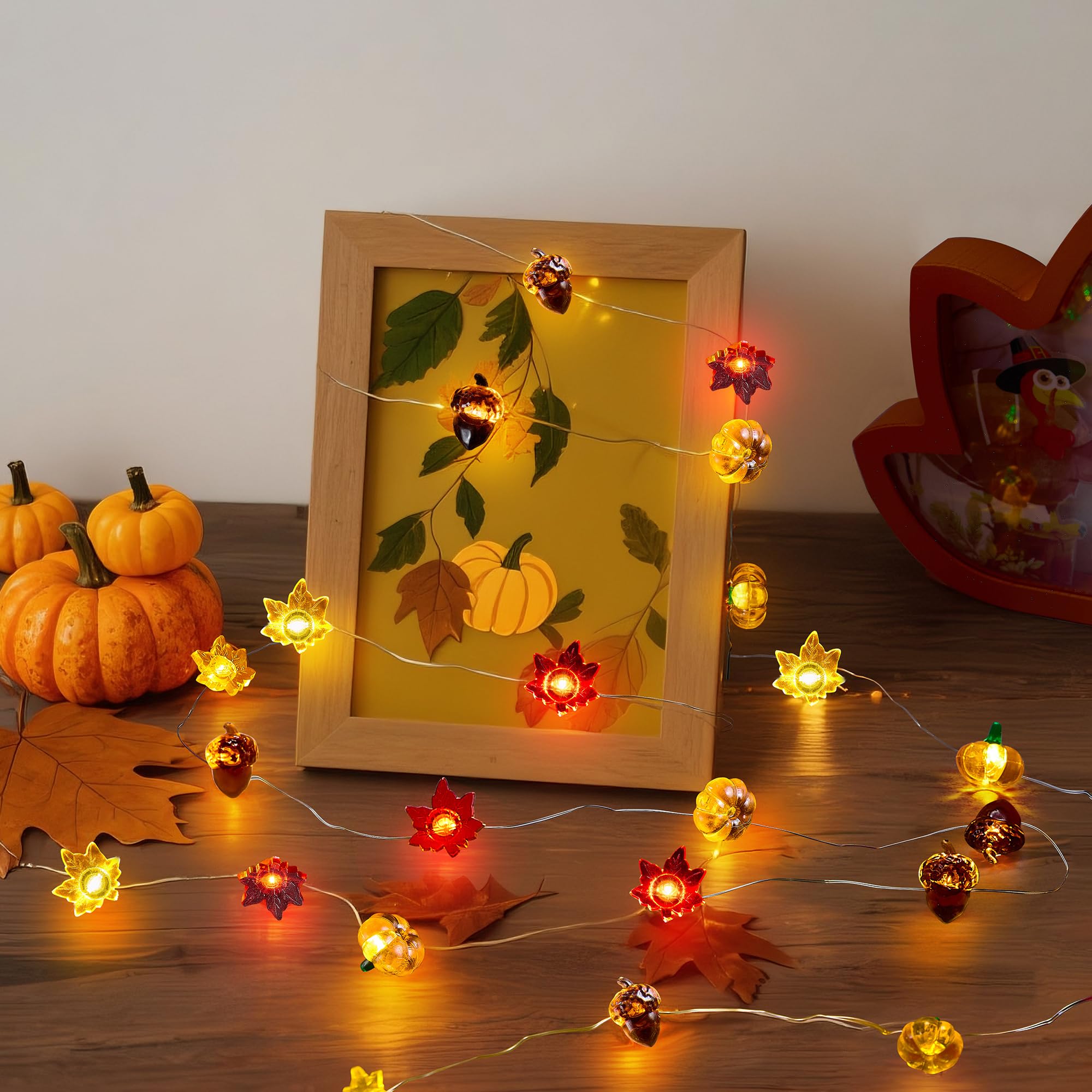 Autumn Harvest String Lights – 10 Pumpkins, 10 Acorns & 20 Maple Leaves on Copper Wire, Battery Operated with Timer (Orange)