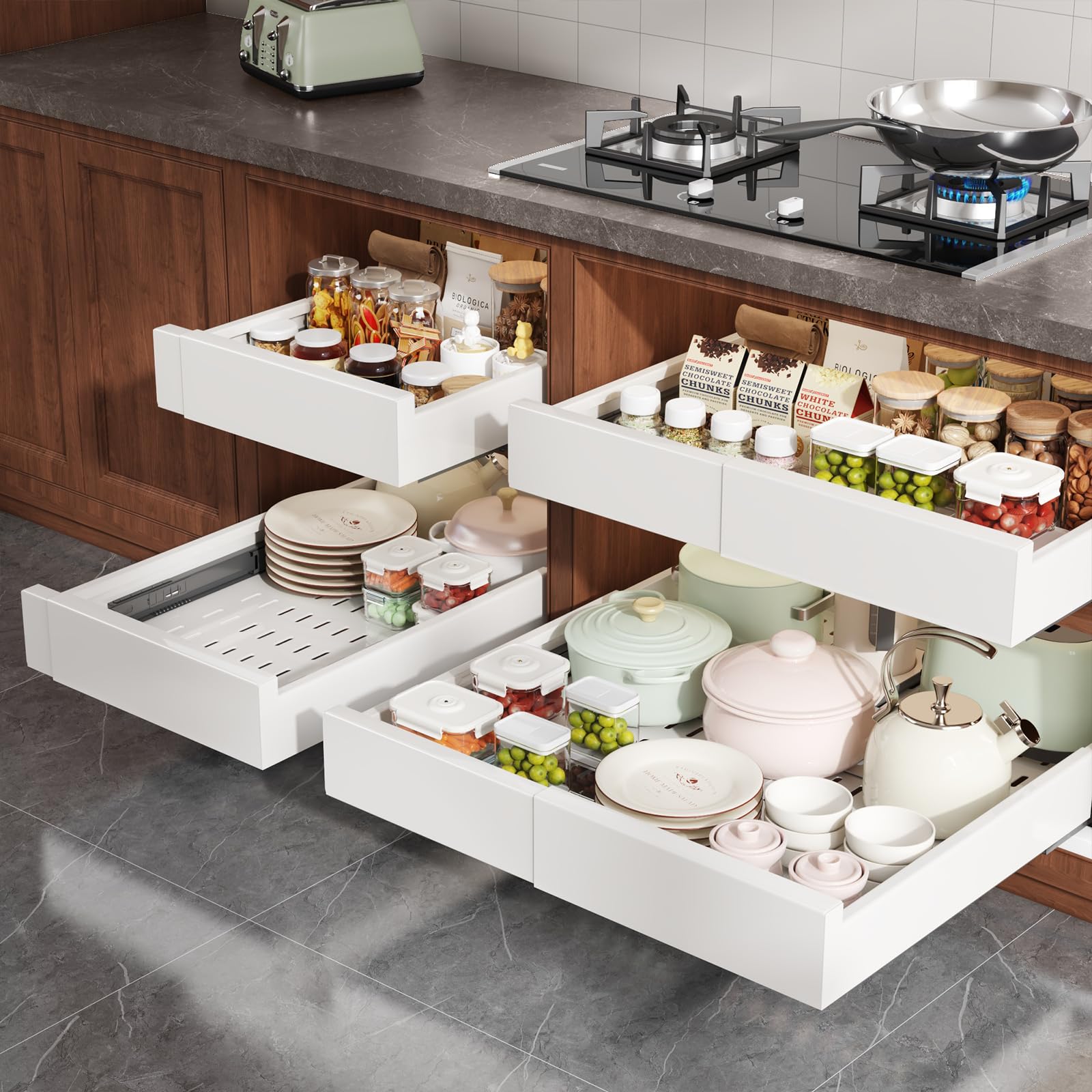 Expandable Pull-Out Cabinet Organizer – Adjustable Width & Depth Slide-Out Drawer with Raising Pads (White, 2-Pack)